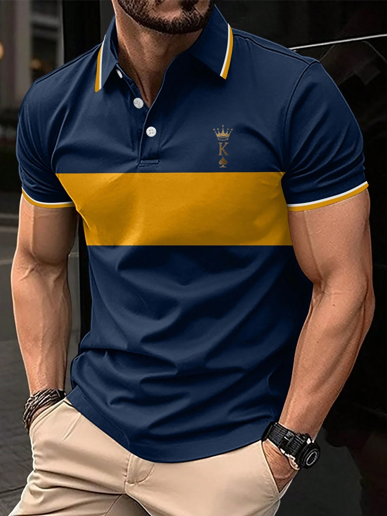  Men's Fashionable Business Patchwork Striped Letter Print Polo Shirt