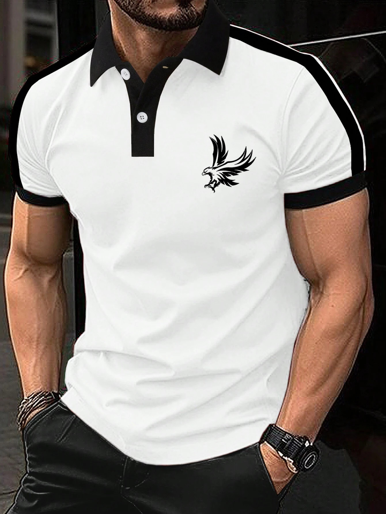Men's Patchwork Eagle Print Short Sleeve Polo Shirt