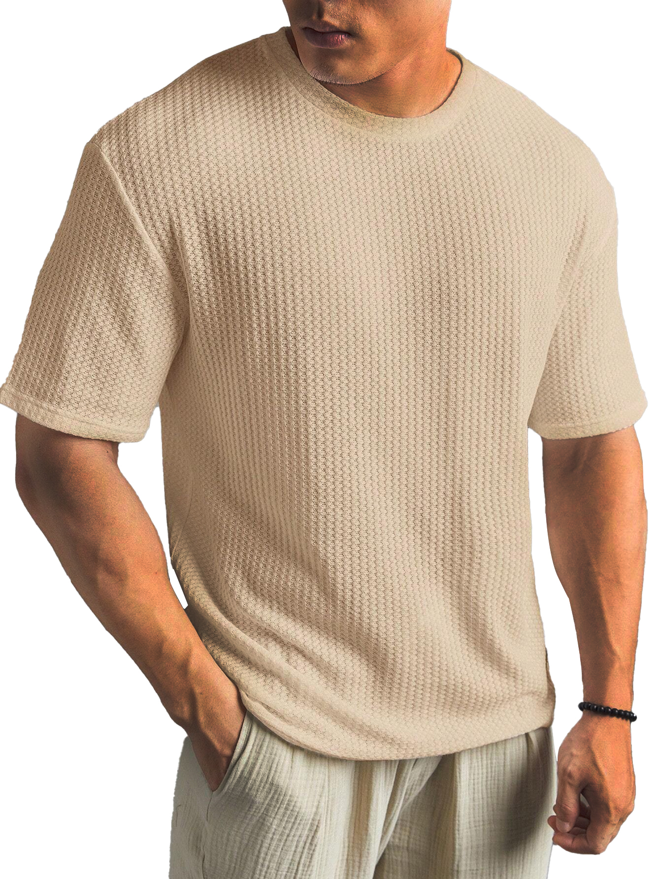 Fashionable Waffle Fabric Round Neck Short-sleeved Bottoming T-shirt