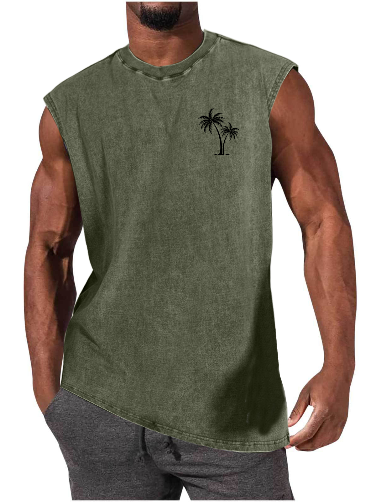 Men's Distressed Washed Palm Tree Print Comfortable Sporty Everyday Tank Top