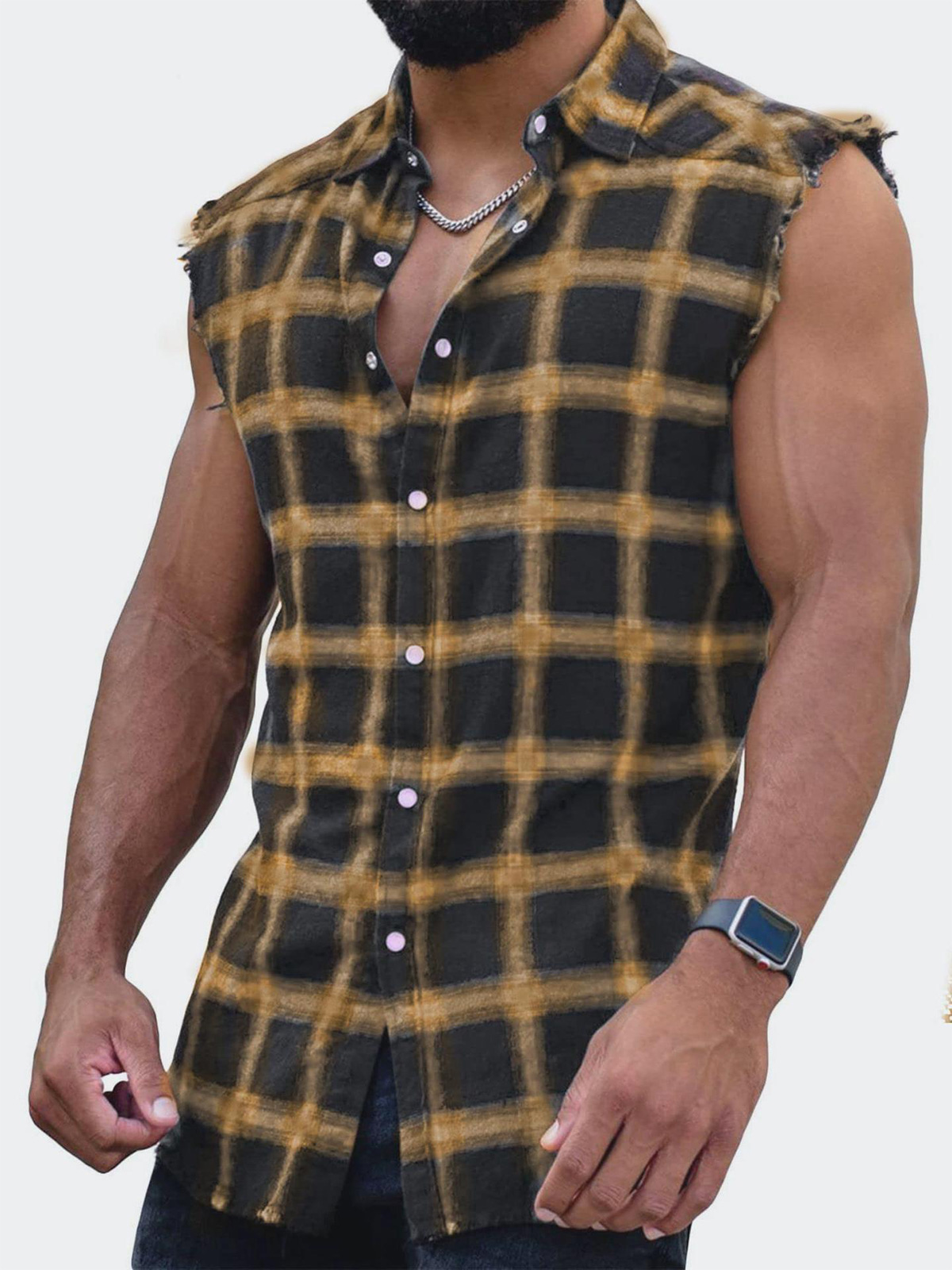 Men's Plaid Brushed Button Sleeveless Tank Top