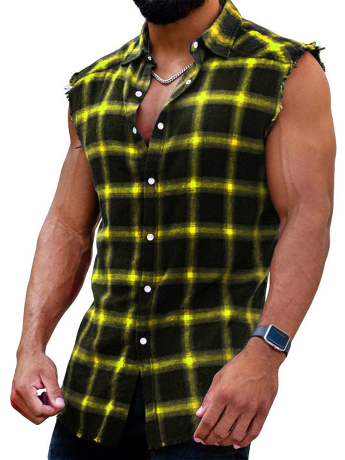 Men's Plaid Brushed Button Sleeveless Tank Top