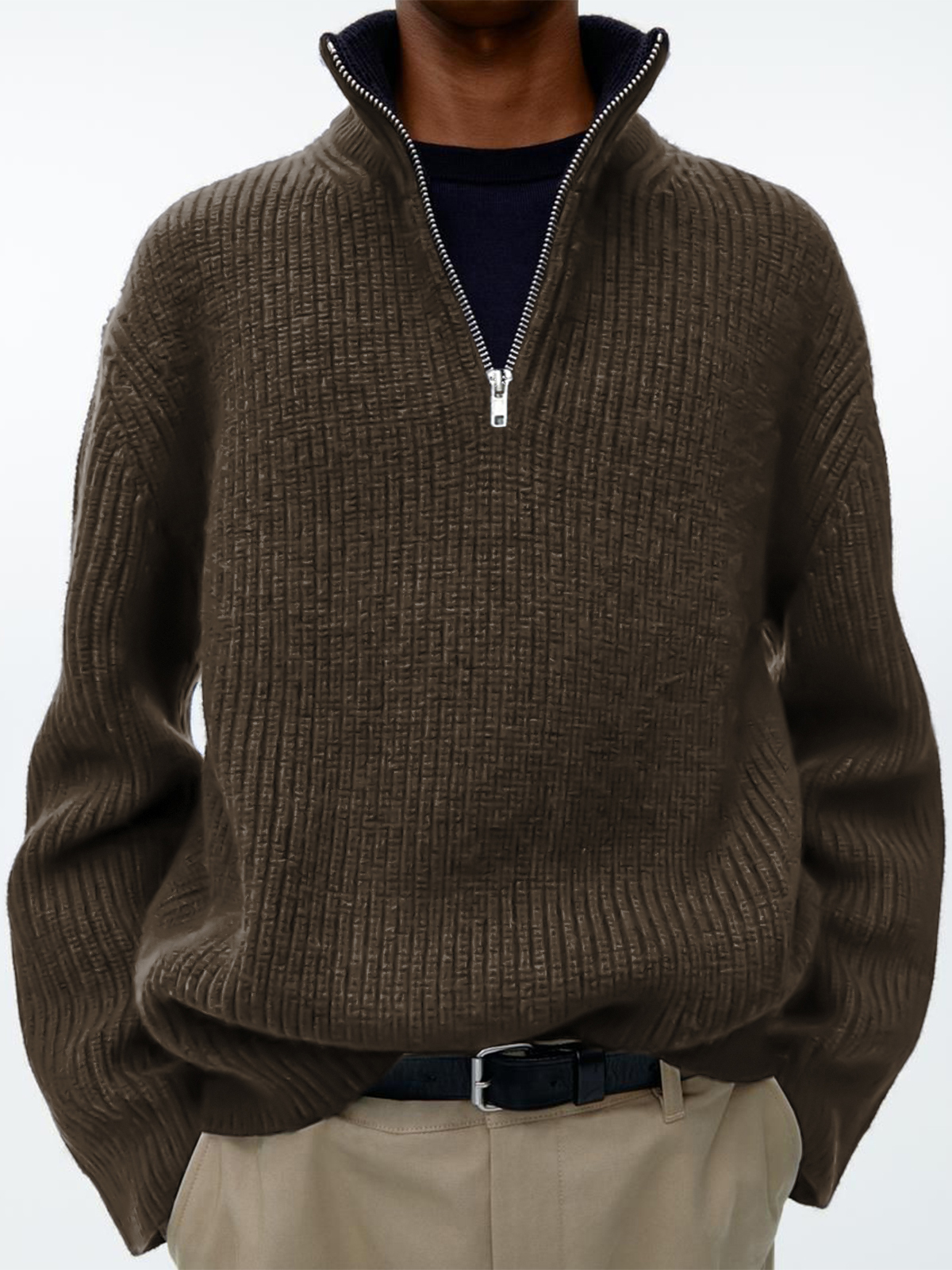 Men's stylish loose zipper stand collar solid color sweater POLO sweatshirt