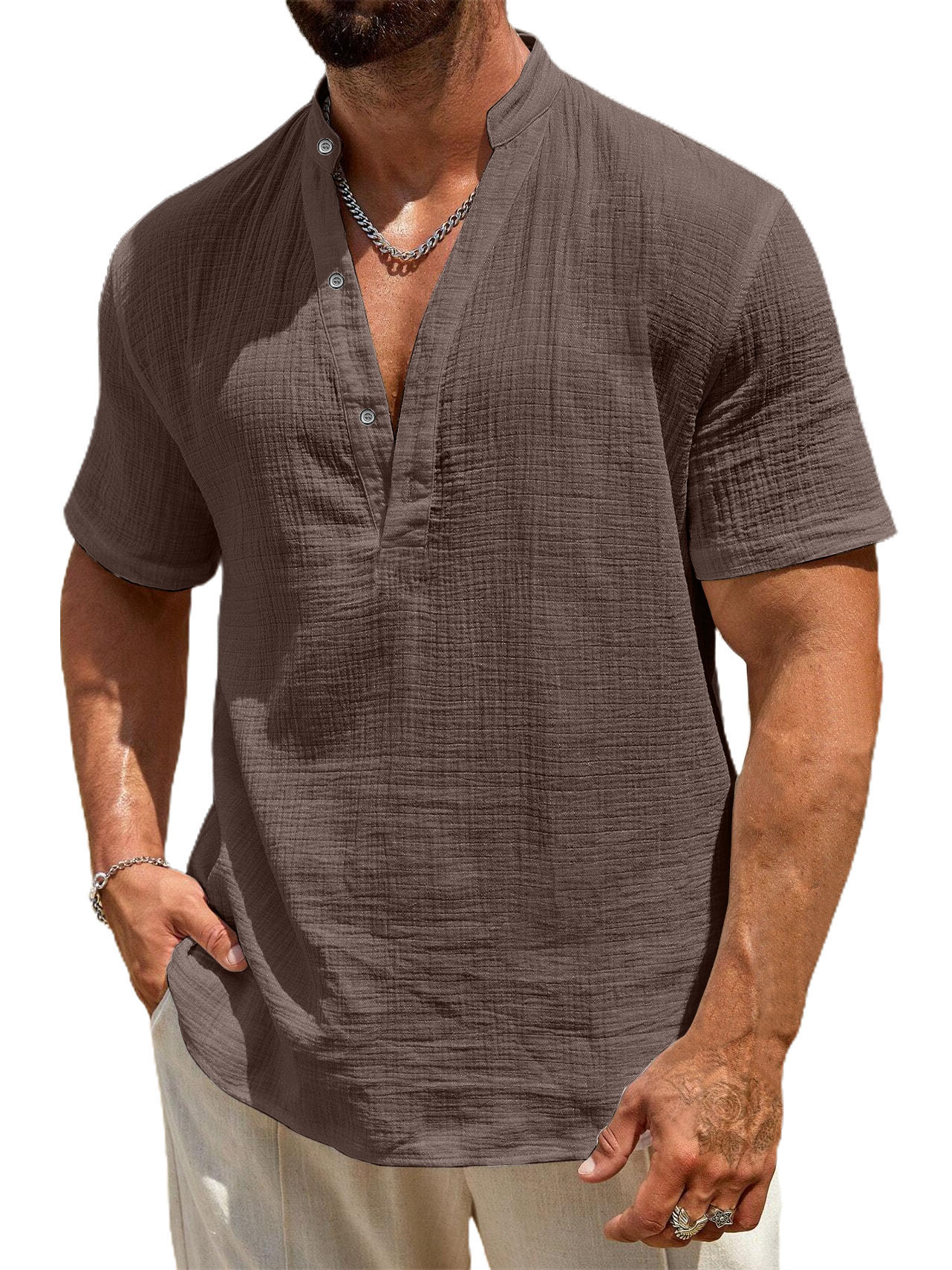 Men's Stand Collar Cotton And Linen Textured Casual Short-sleeved Shirt