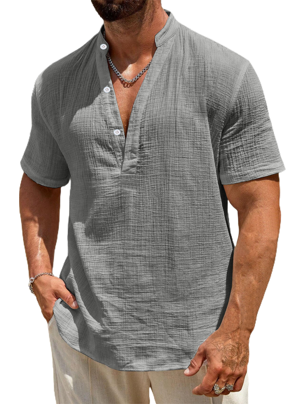 Men's Stand Collar Cotton And Linen Textured Casual Short-sleeved Shirt