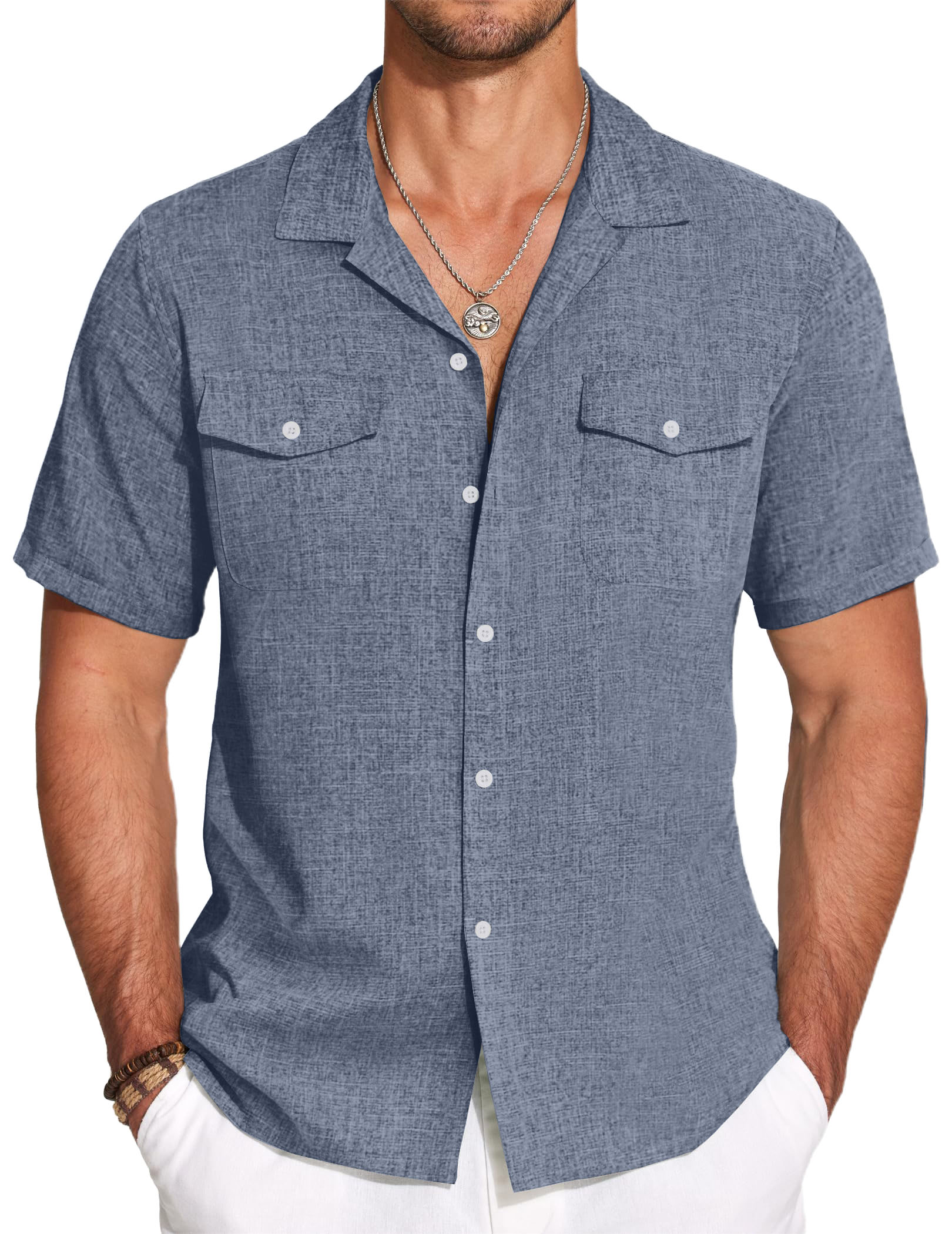 Men's Cotton And Linen Double Pocket Cuban Collar Basic Casual Short Sleeve Shirt