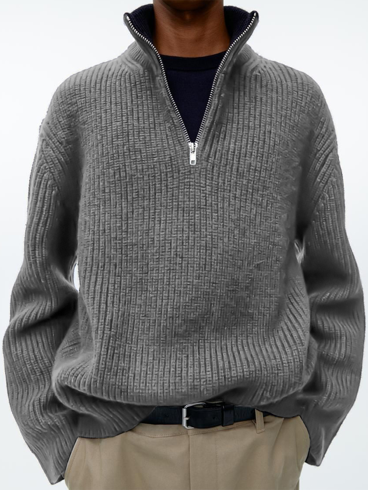 Men's stylish loose zipper stand collar solid color sweater POLO sweatshirt