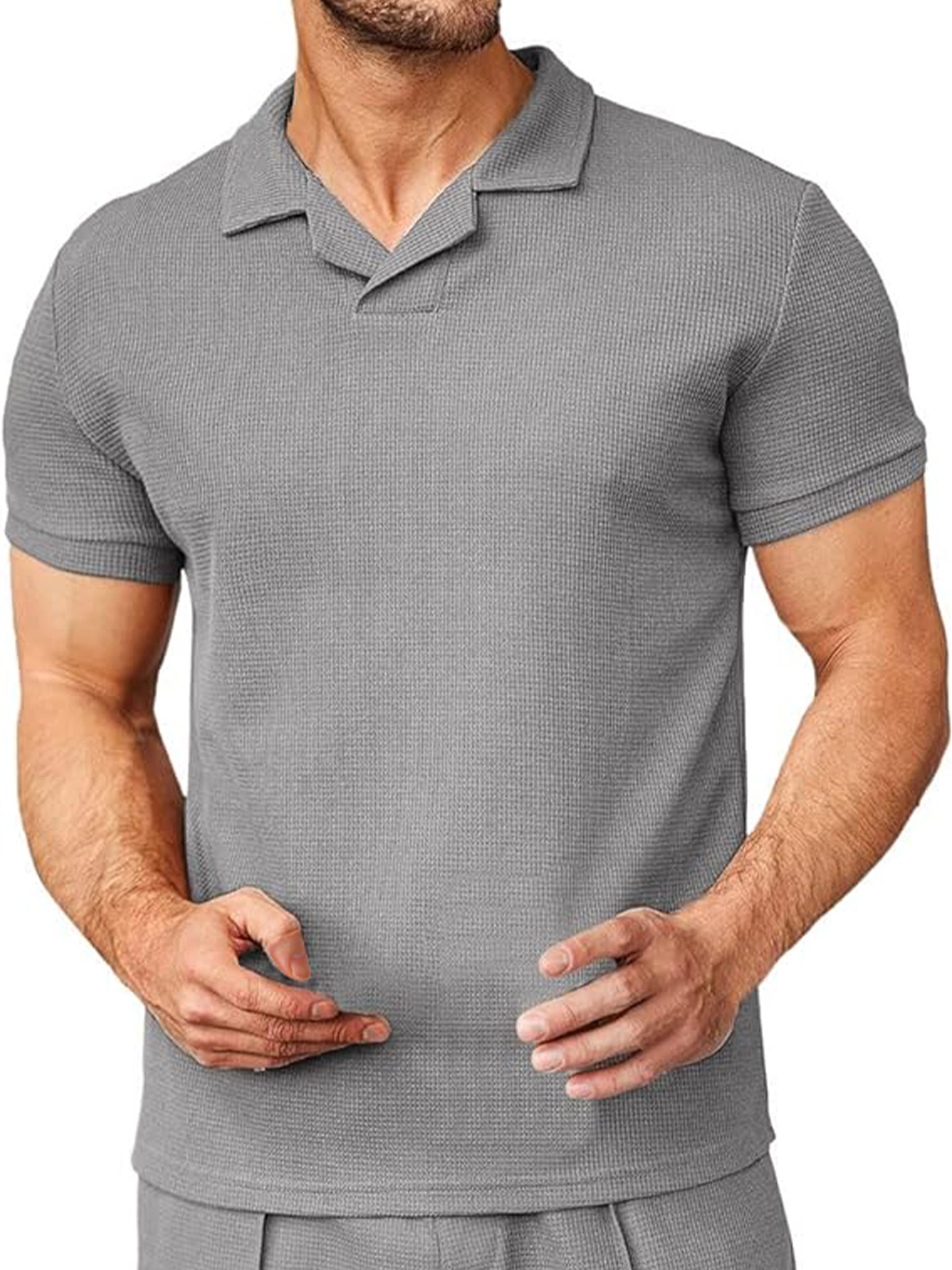 Men's waffle V-neck polo short sleeve t-shirt