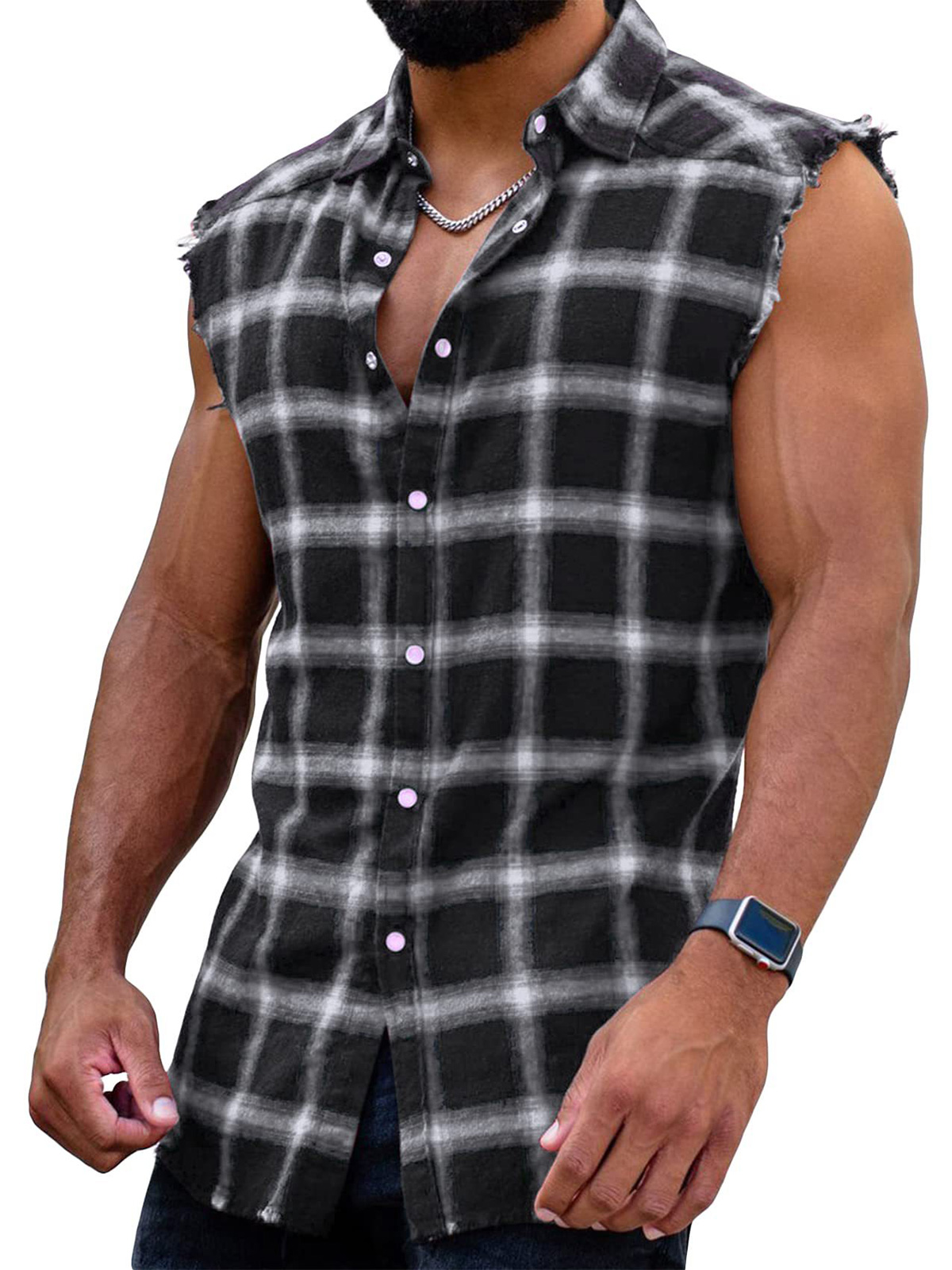 Men's Plaid Brushed Button Sleeveless Tank Top