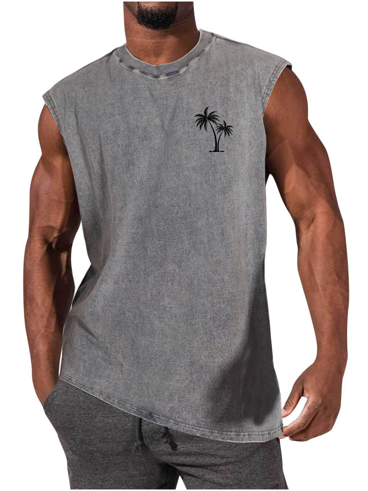 Men's Distressed Washed Palm Tree Print Comfortable Sporty Everyday Tank Top