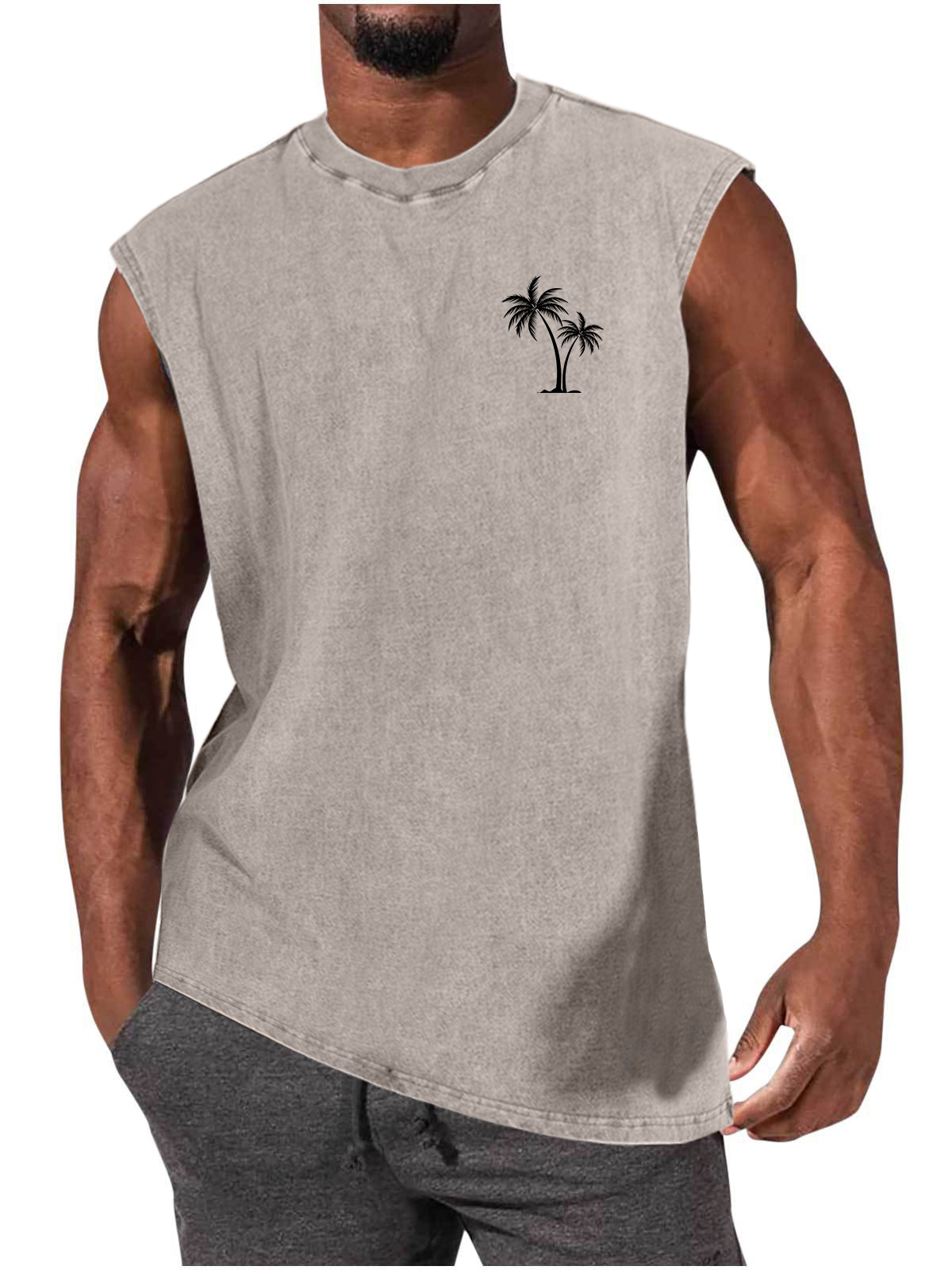Men's Distressed Washed Palm Tree Print Comfortable Sporty Everyday Tank Top