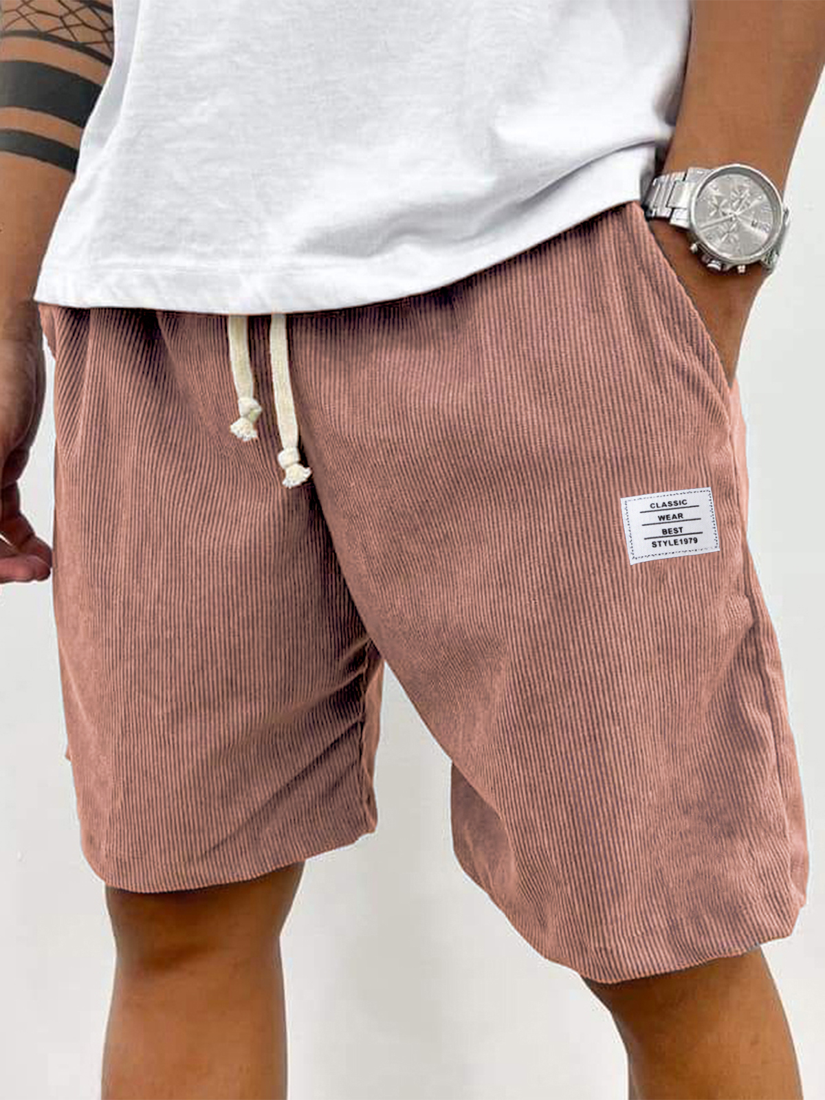 Men's Stylish Corduroy Simple Embroidered Logo Casual Lace-up Loose Shorts