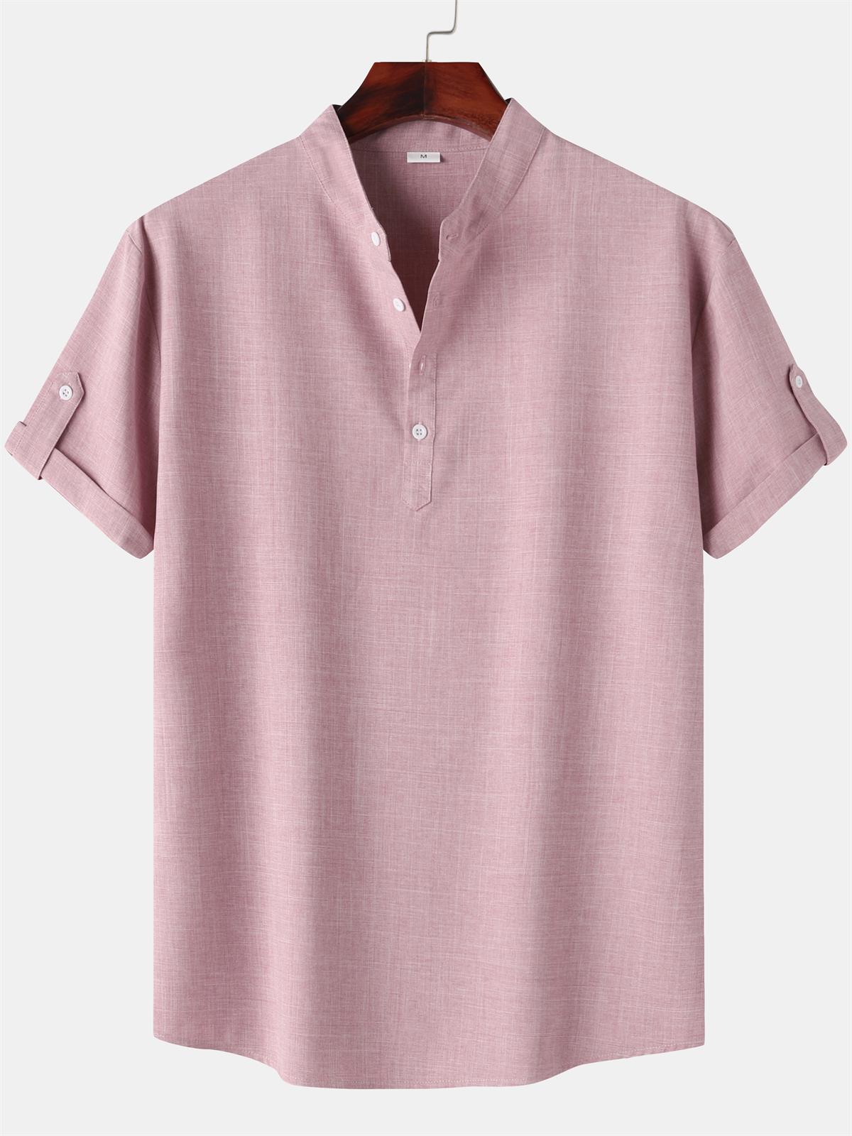 Men's Cotton And Linen Stand Collar Basic Casual Short-sleeved Shirt
