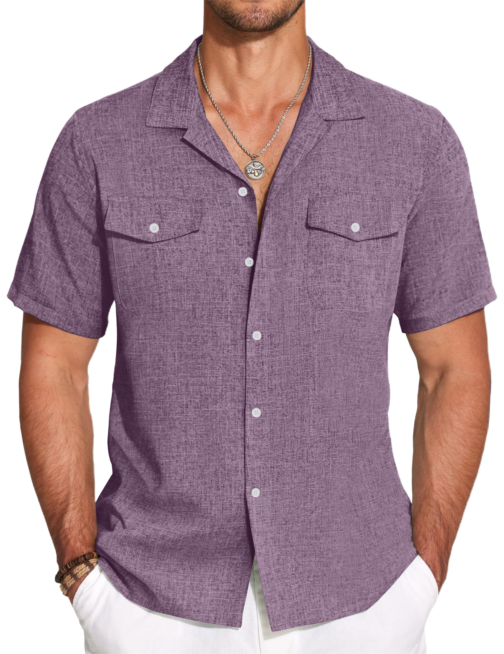 Men's Cotton And Linen Double Pocket Cuban Collar Basic Casual Short Sleeve Shirt