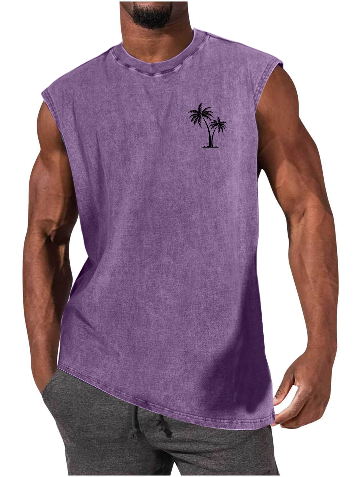 Men's Distressed Washed Palm Tree Print Comfortable Sporty Everyday Tank Top