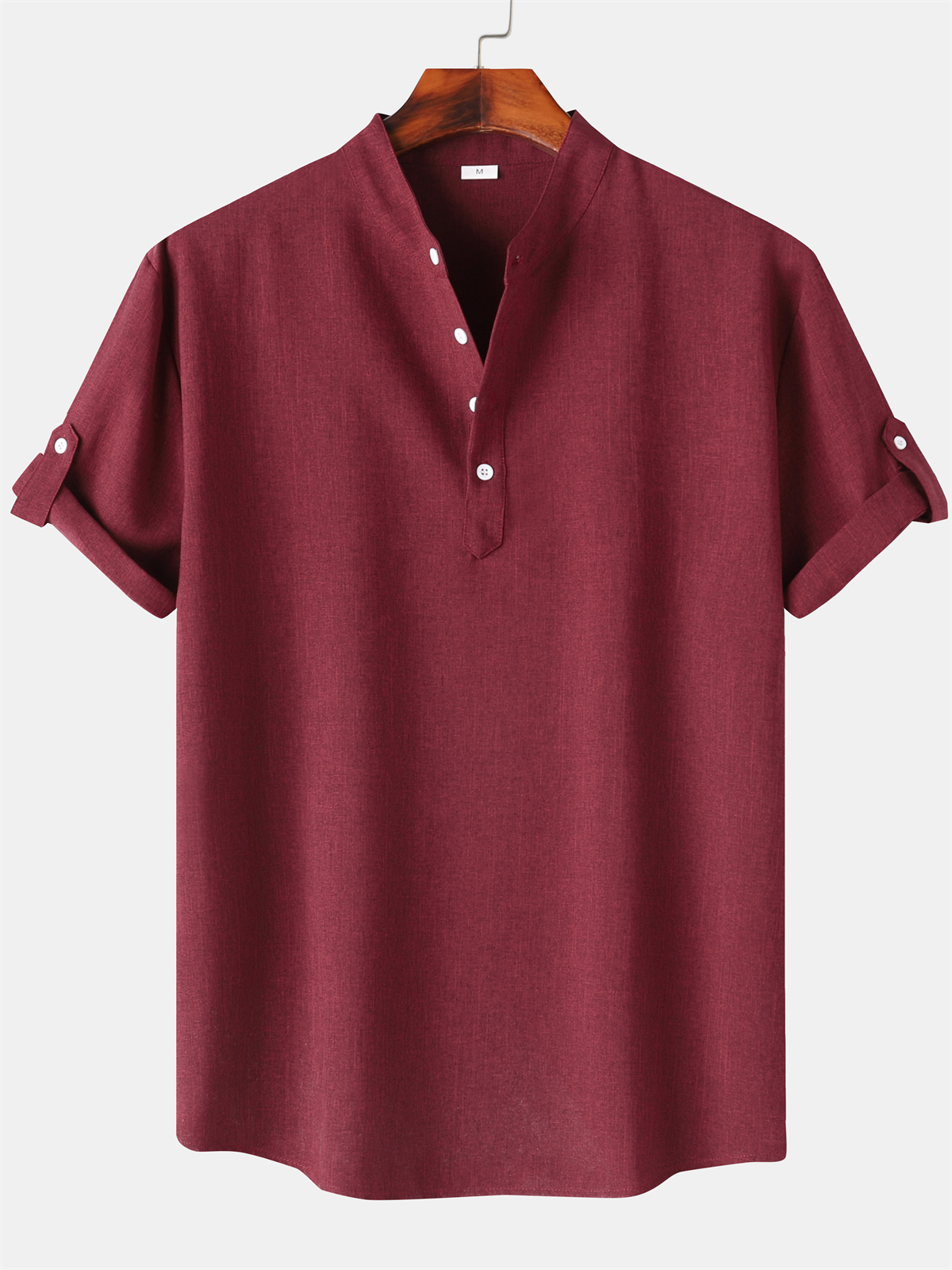 Men's Cotton And Linen Stand Collar Basic Casual Short-sleeved Shirt