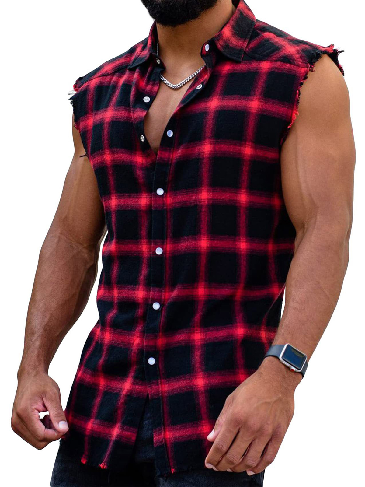 Men's Plaid Brushed Button Sleeveless Tank Top