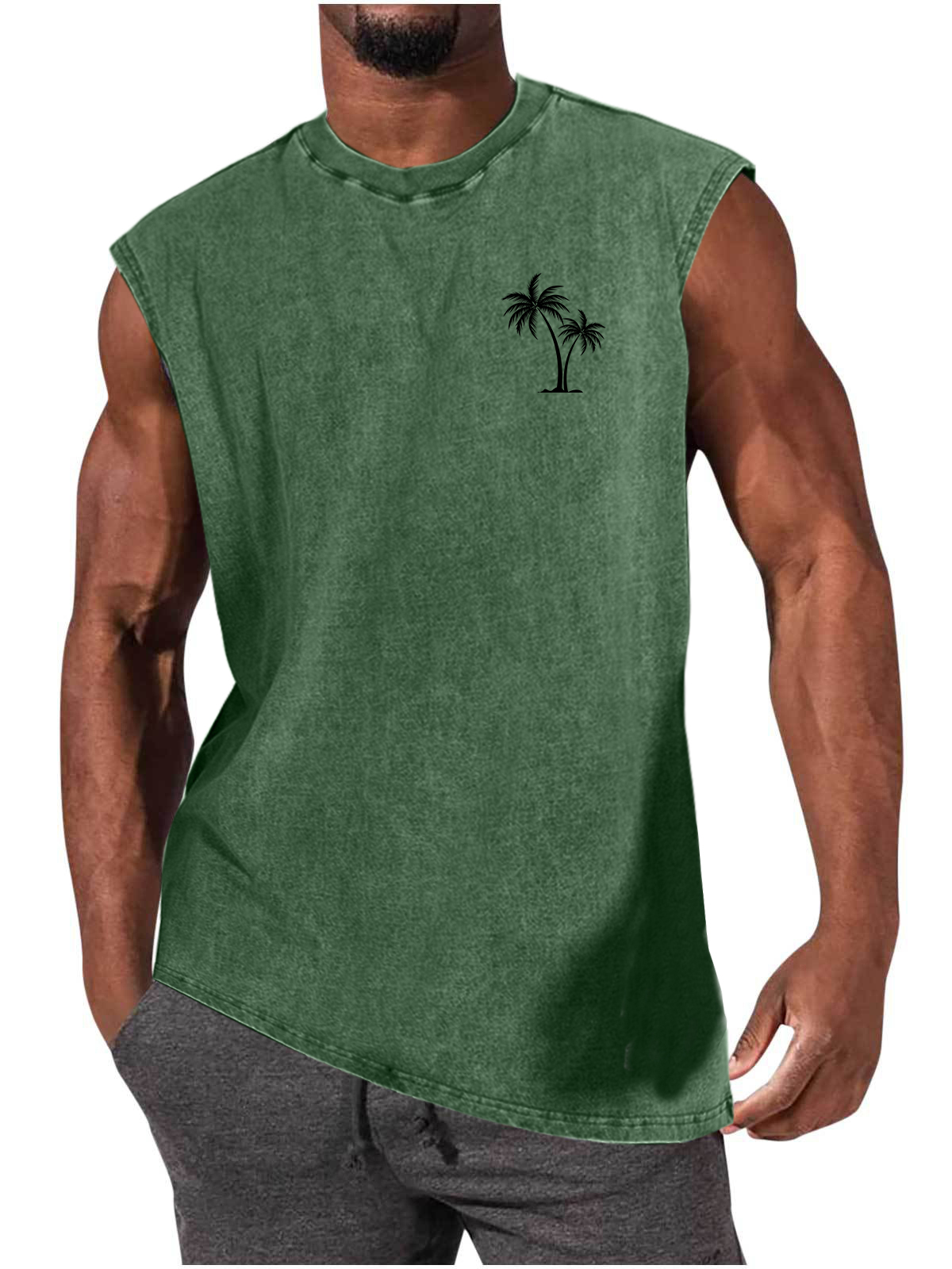 Men's Distressed Washed Palm Tree Print Comfortable Sporty Everyday Tank Top