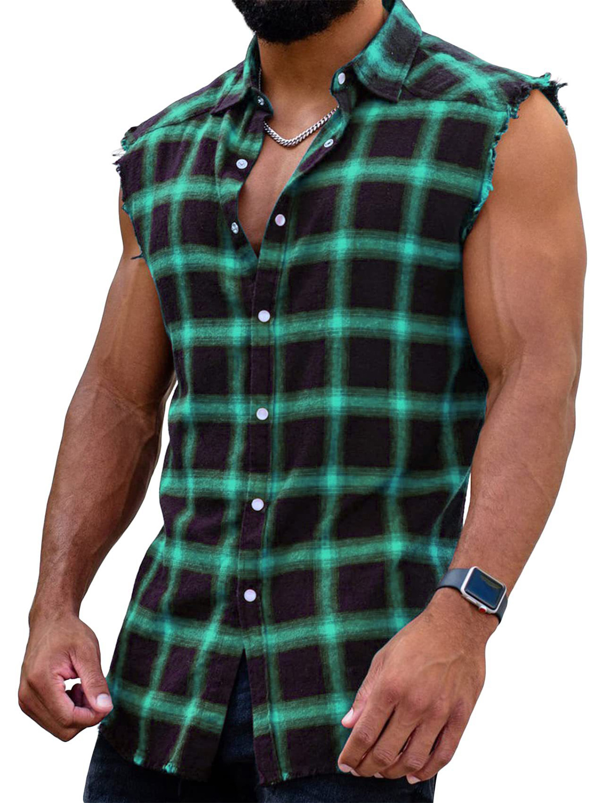 Men's Plaid Brushed Button Sleeveless Tank Top