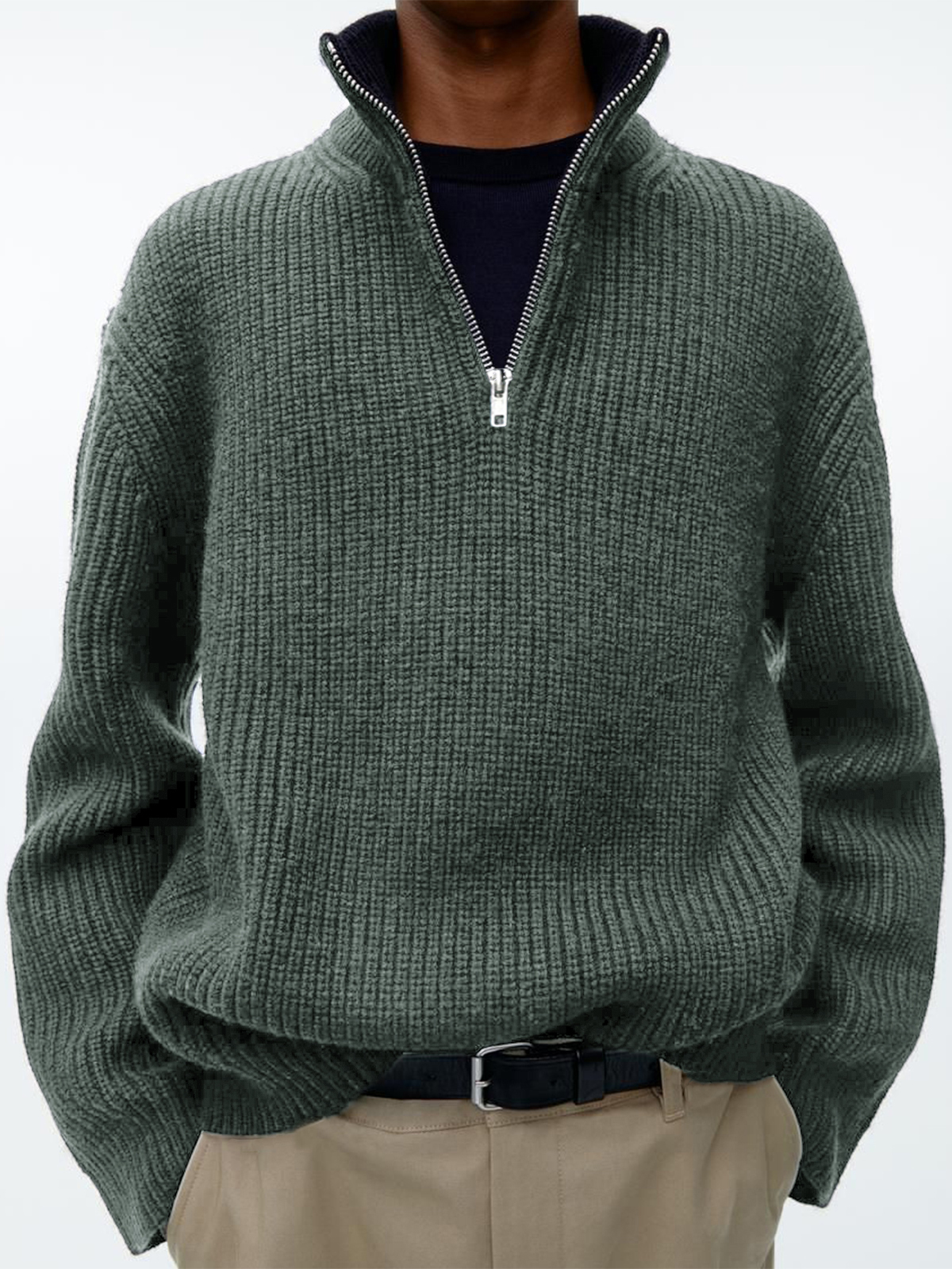 Men's stylish loose zipper stand collar solid color sweater POLO sweatshirt