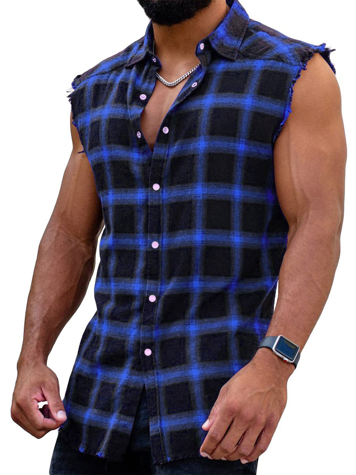 Men's Plaid Brushed Button Sleeveless Tank Top