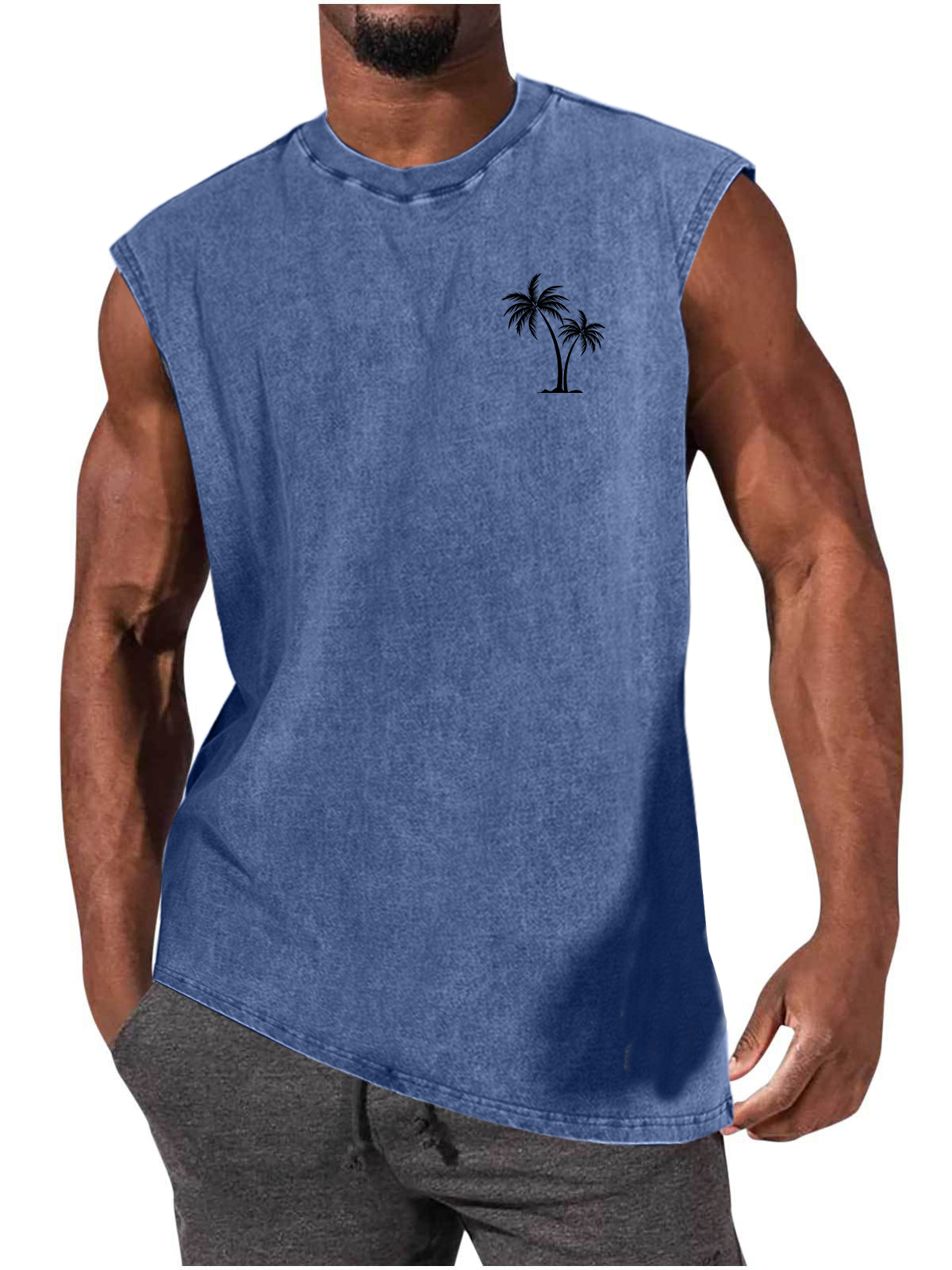 Men's Distressed Washed Palm Tree Print Comfortable Sporty Everyday Tank Top