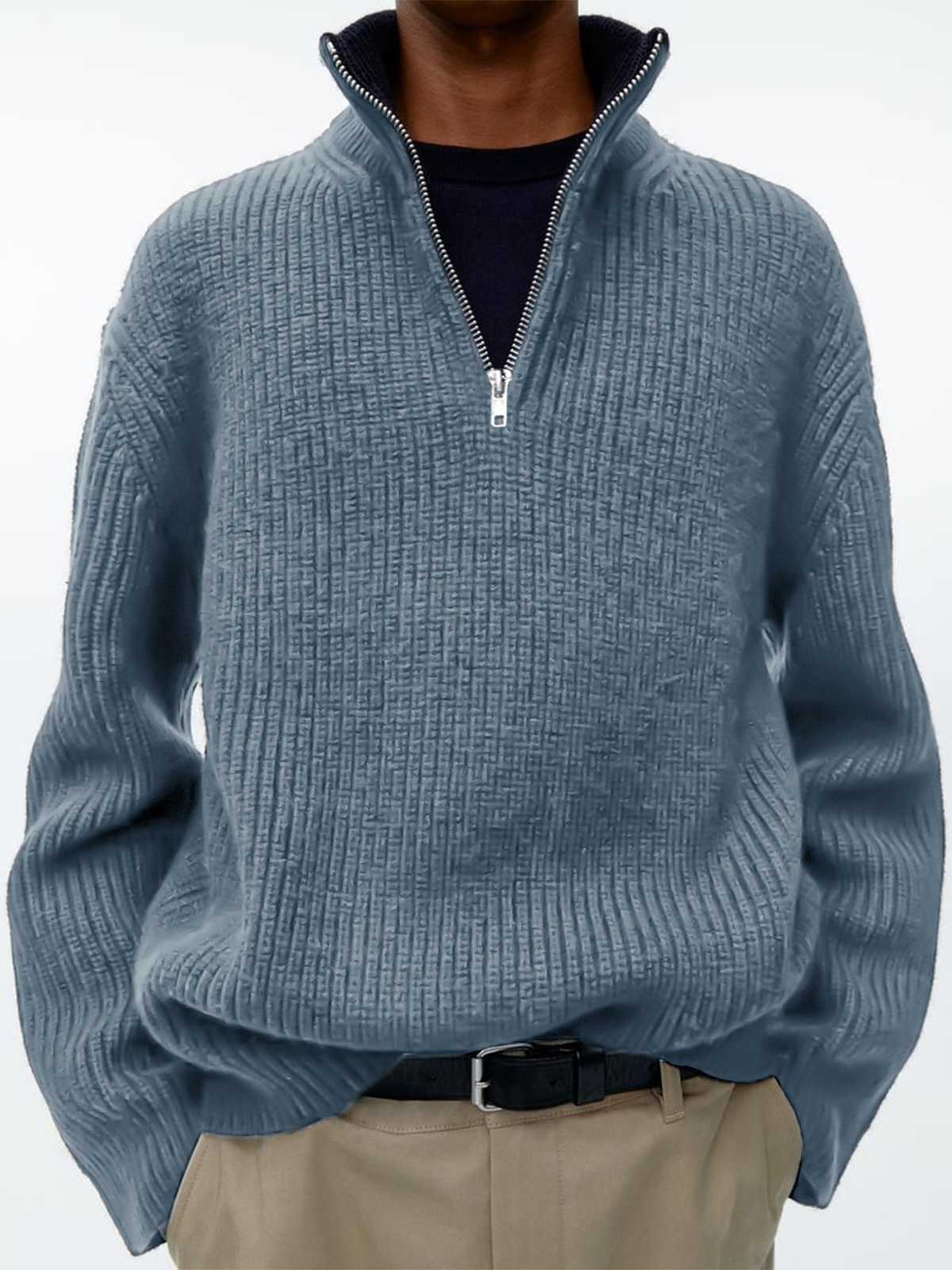 Men's stylish loose zipper stand collar solid color sweater POLO sweatshirt