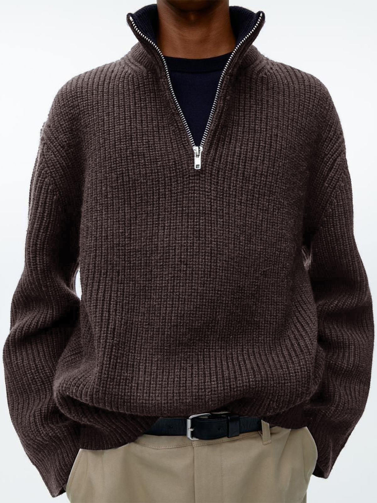 Men's stylish loose zipper stand collar solid color sweater POLO sweatshirt