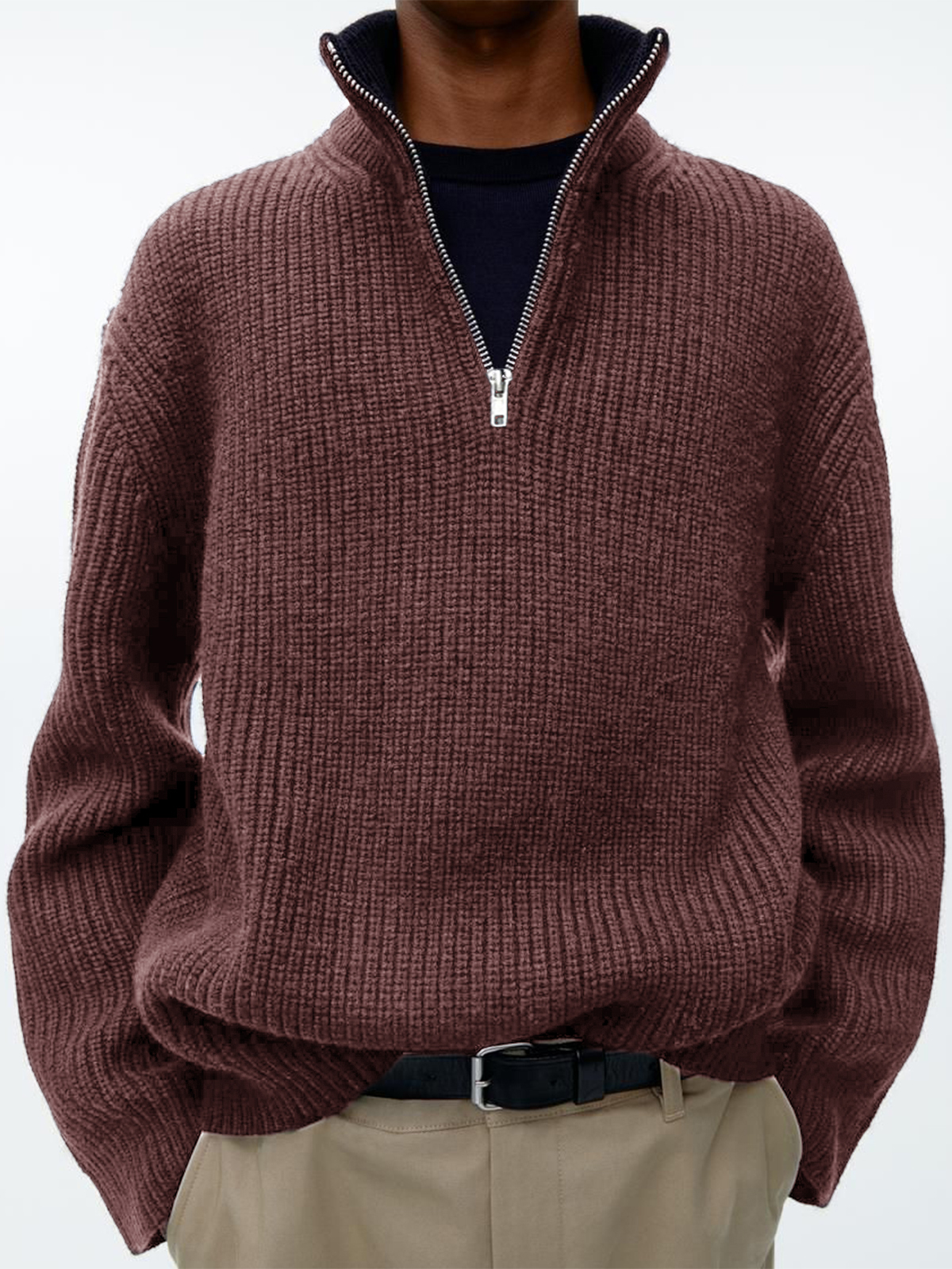 Men's stylish loose zipper stand collar solid color sweater POLO sweatshirt