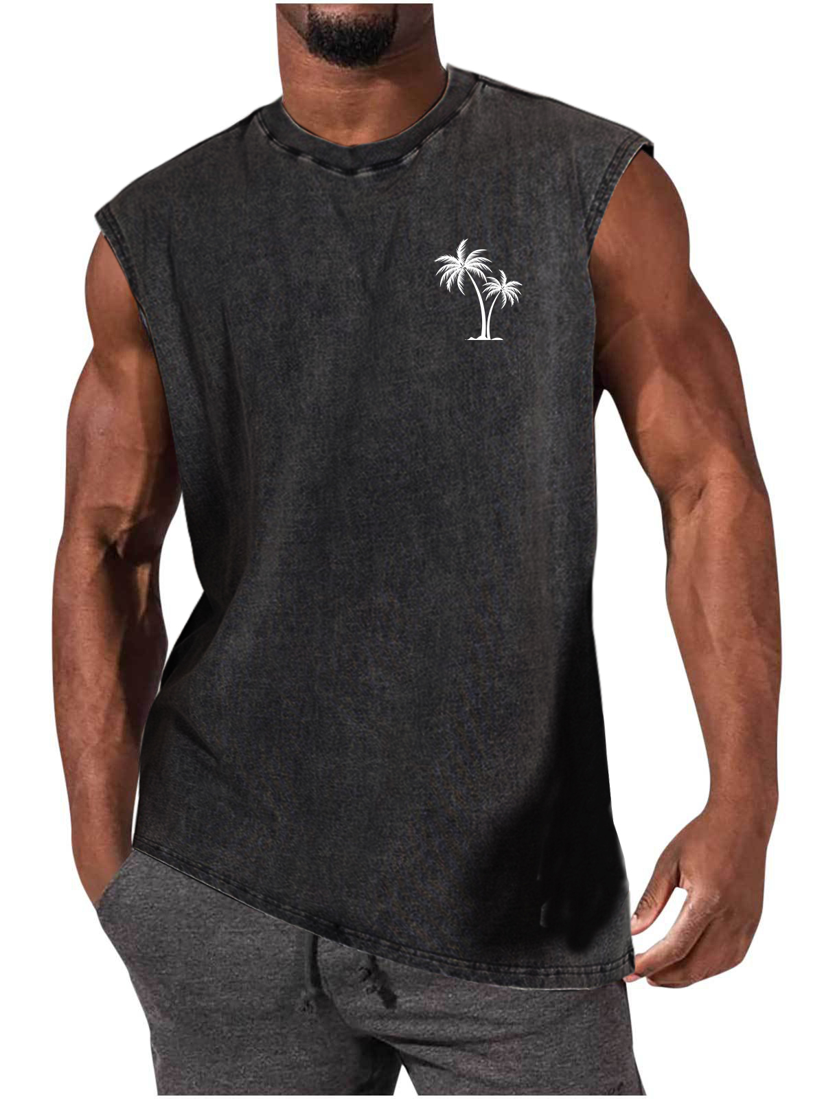 Men's Distressed Washed Palm Tree Print Comfortable Sporty Everyday Tank Top