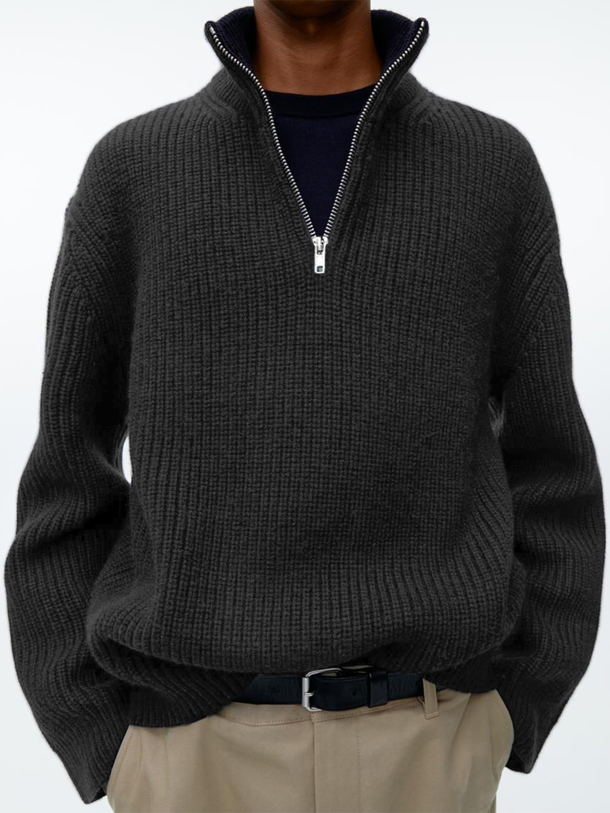 Men's stylish loose zipper stand collar solid color sweater POLO sweatshirt