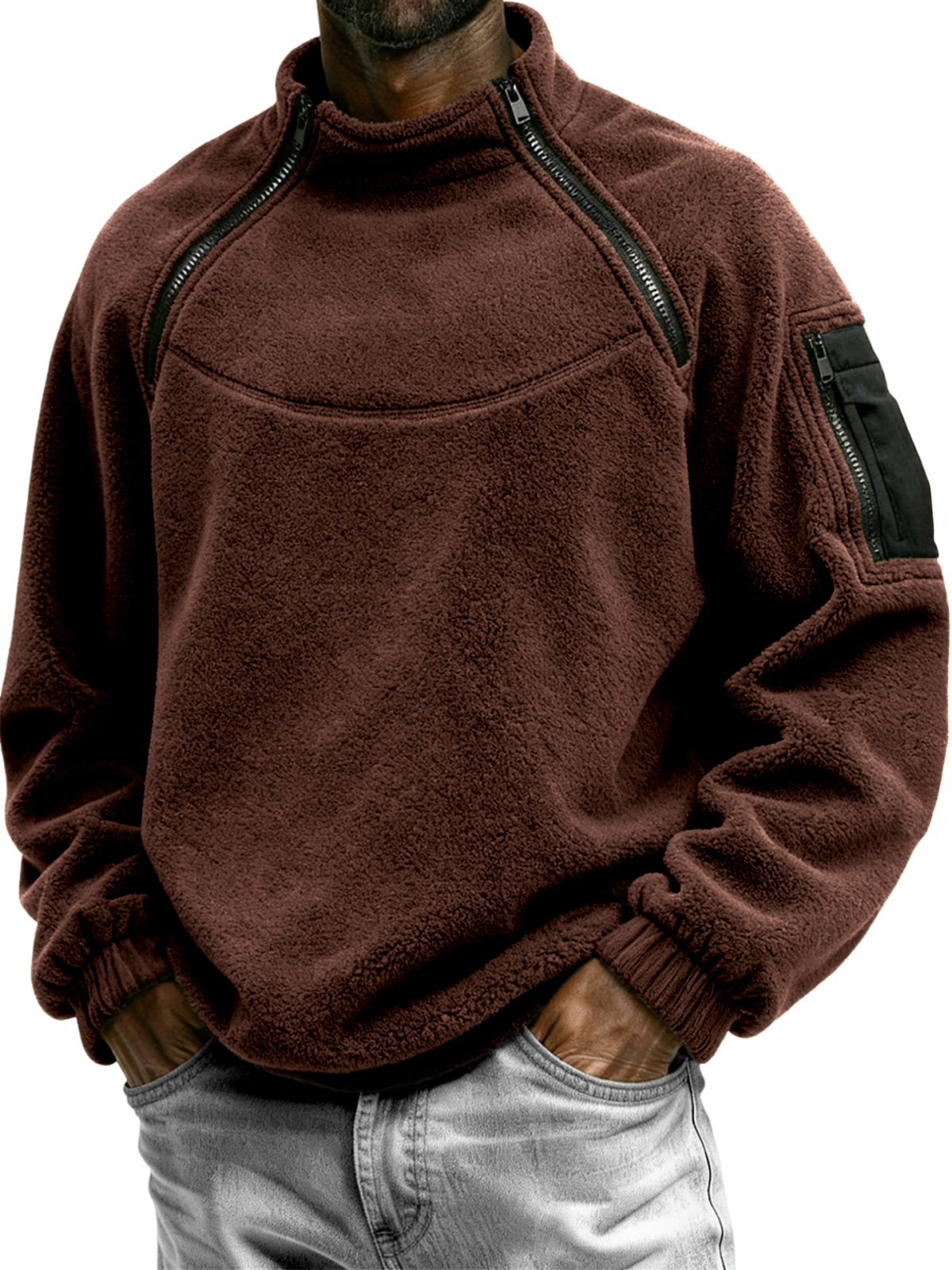 Men's Outdoor Multi-Zip Fleece Stand Collar Pullover Sweatshirt