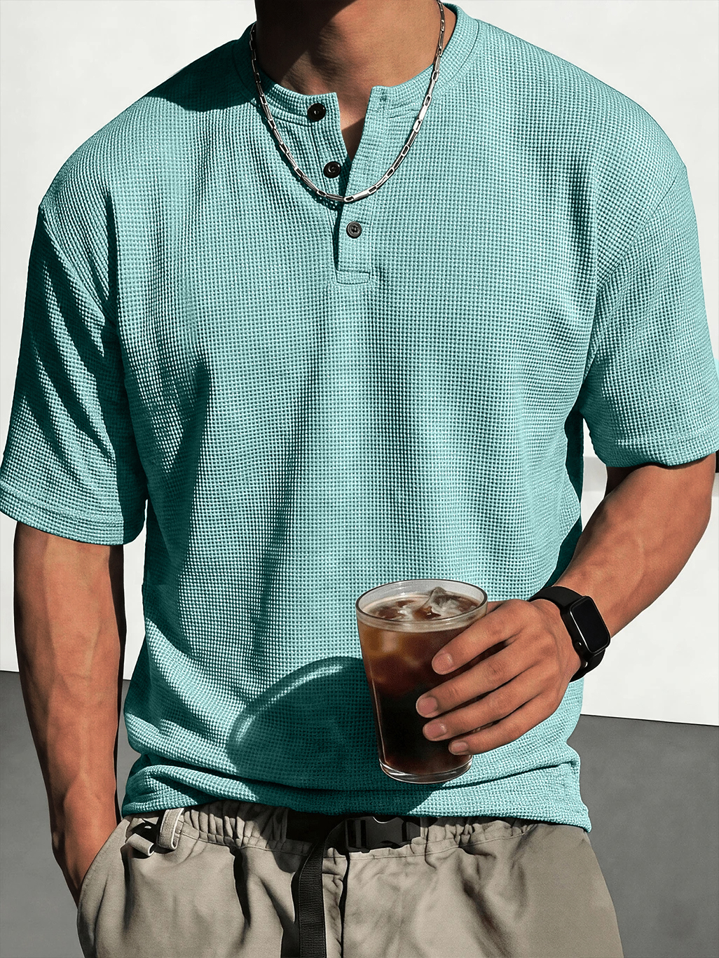 Men's Waffle-Knit Casual Short-Sleeve Henley Shirt