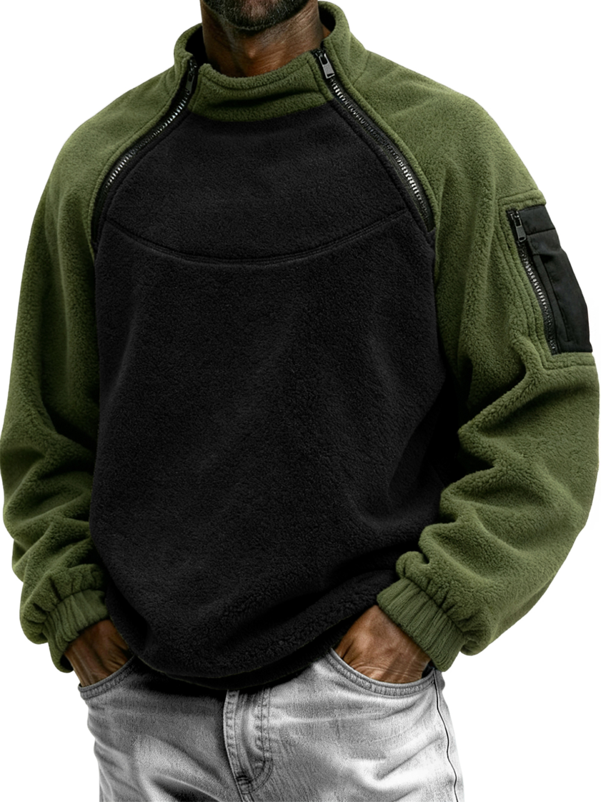 Men's Outdoor Multi-Zip Fleece Stand Collar Pullover Sweatshirt