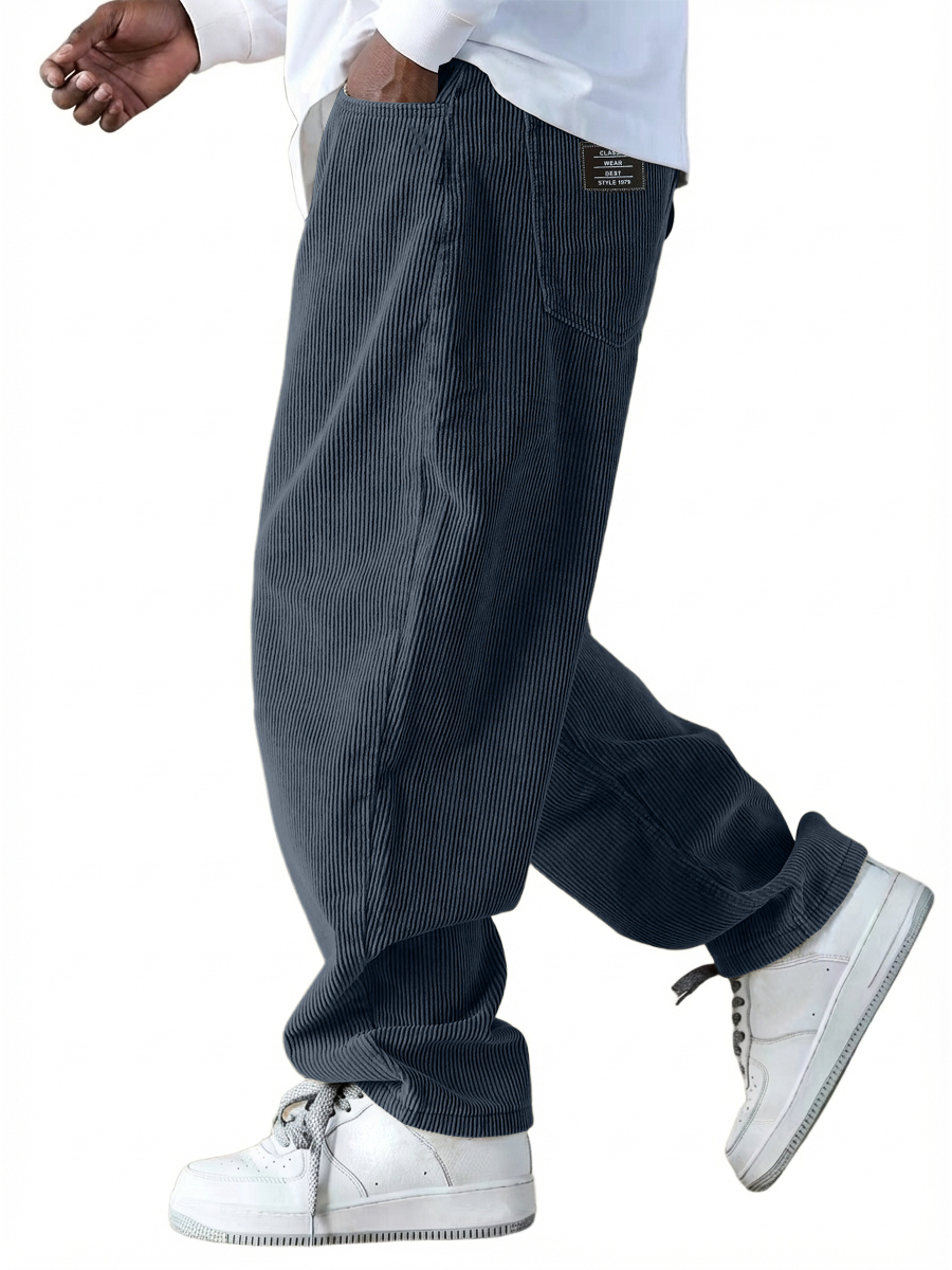 Men's Casual Retro Multi-Pocket Workwear Embroidered Logo Corduroy Pants