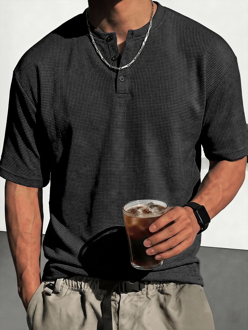Men's Waffle-Knit Casual Short-Sleeve Henley Shirt