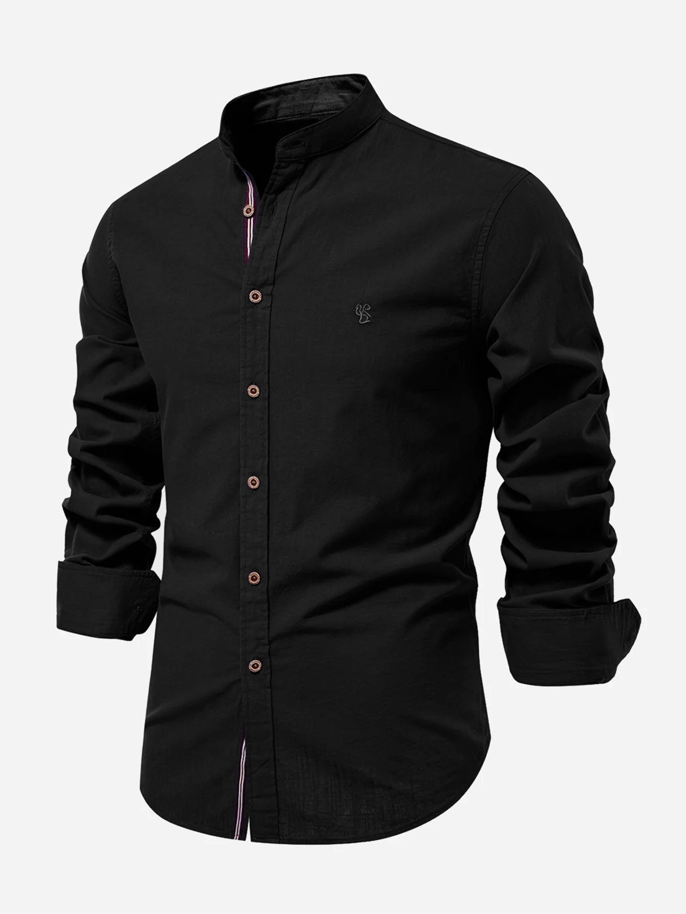 Long Sleeve Linen Embroidered logo Look Stand Collar Shirt