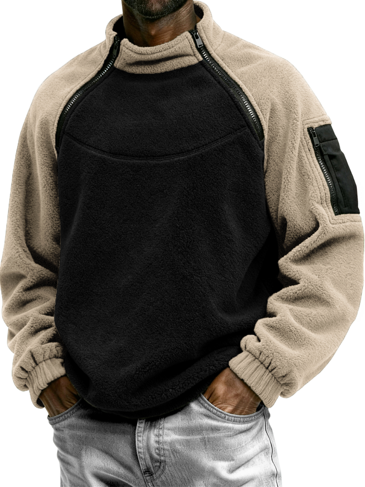 Men's Outdoor Multi-Zip Fleece Stand Collar Pullover Sweatshirt