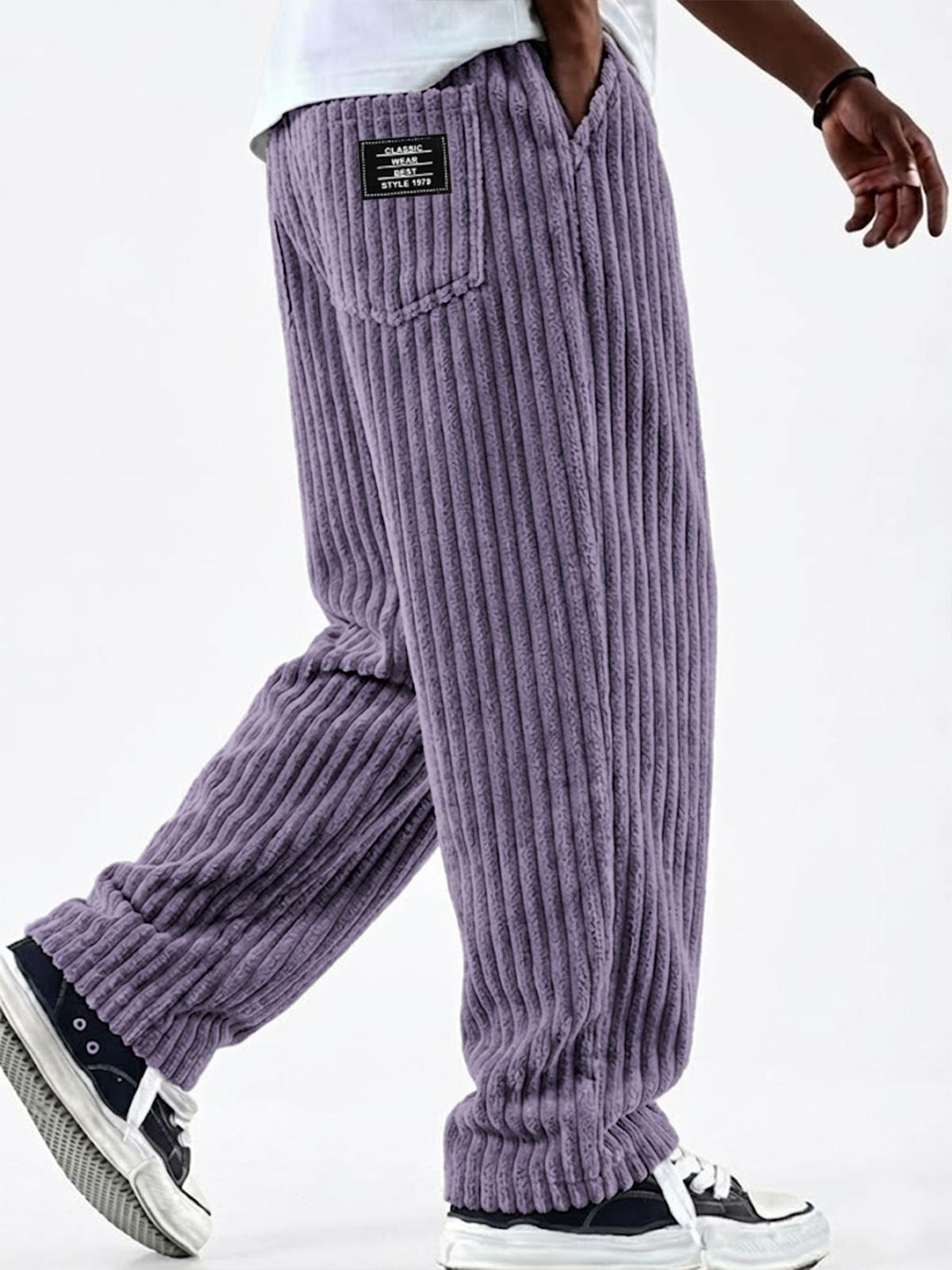 Men's Vintage Corduroy Textured Comfort Wide Striped Pants with Embroidered Minimalist Labels