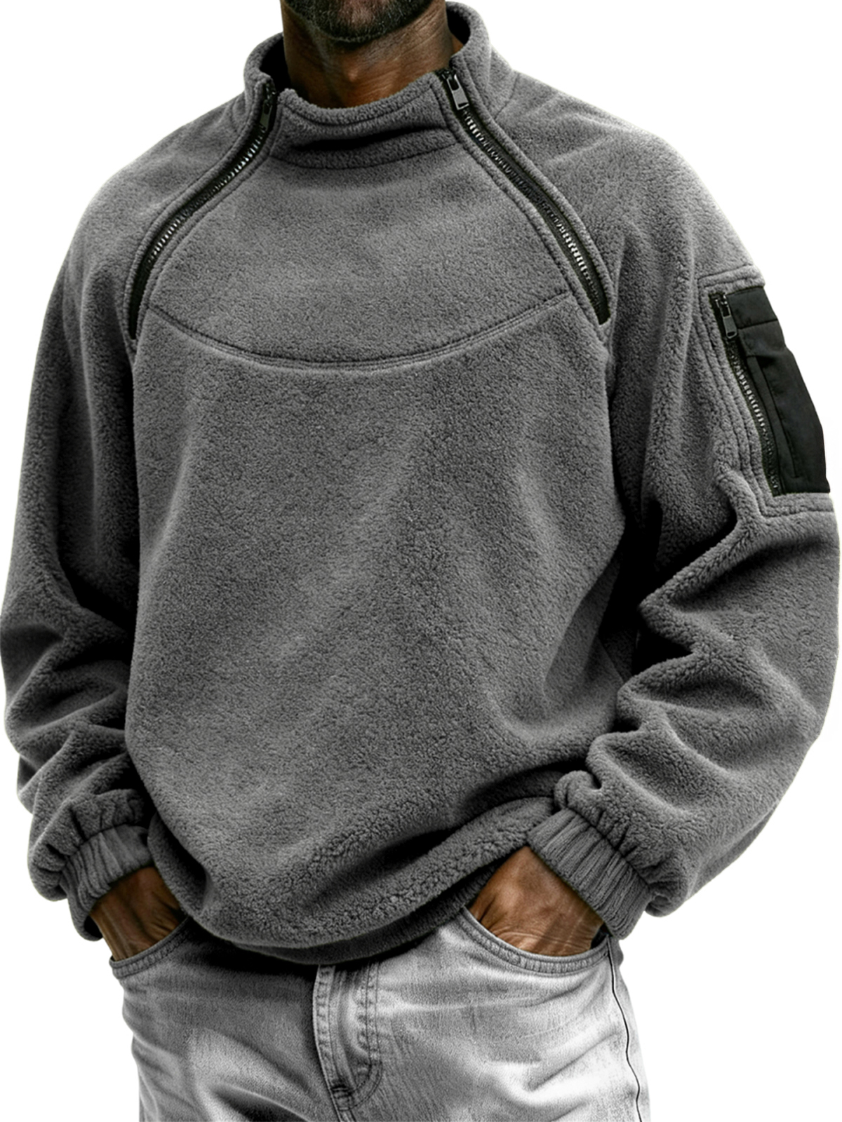 Men's Outdoor Multi-Zip Fleece Stand Collar Pullover Sweatshirt