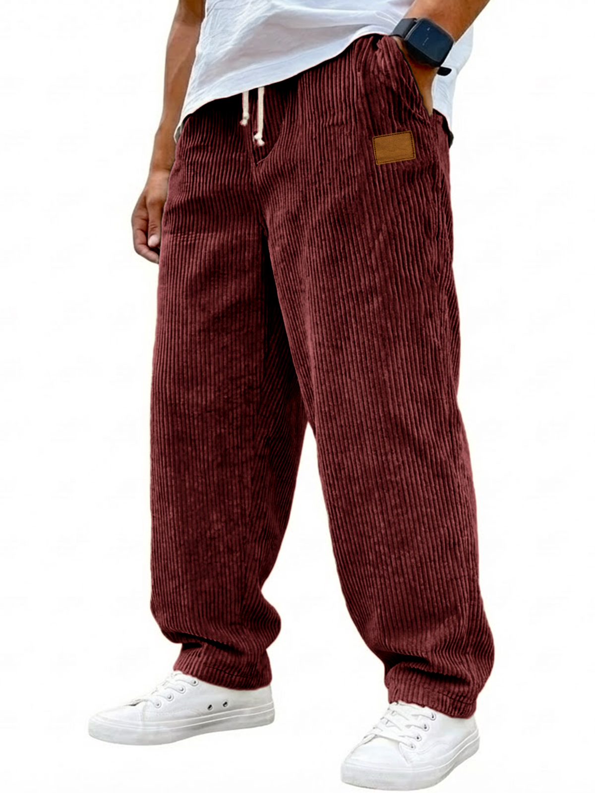 Men's Vintage Corduroy Texture Casual Drawstring Embroidered Label Trousers