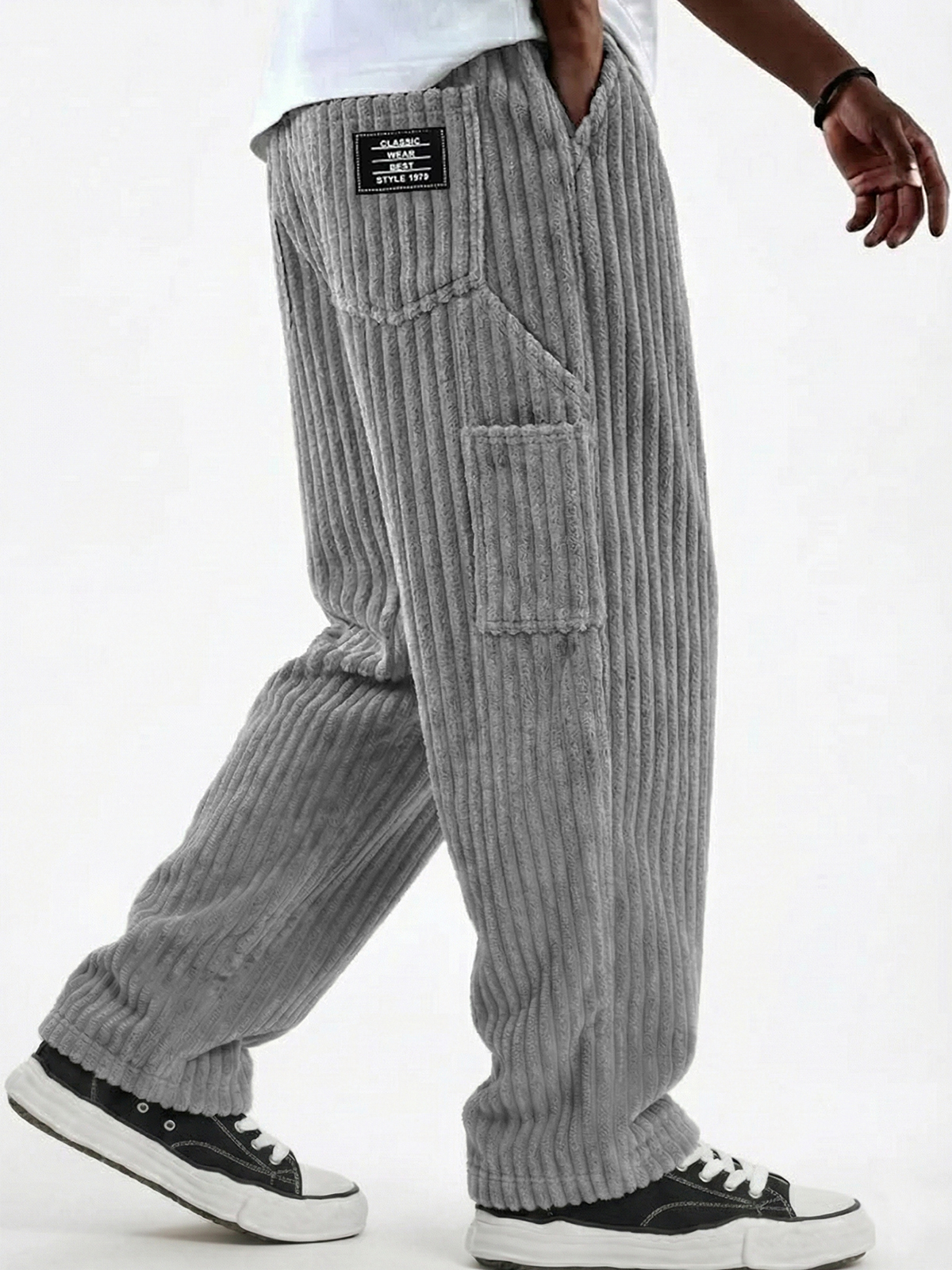 Vintage Wide-Corduroy Textured Multi-pocket Comfort Pants with Embroidery