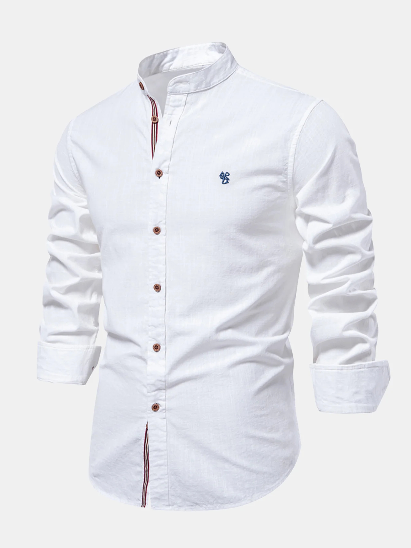 Long Sleeve Linen Embroidered logo Look Stand Collar Shirt