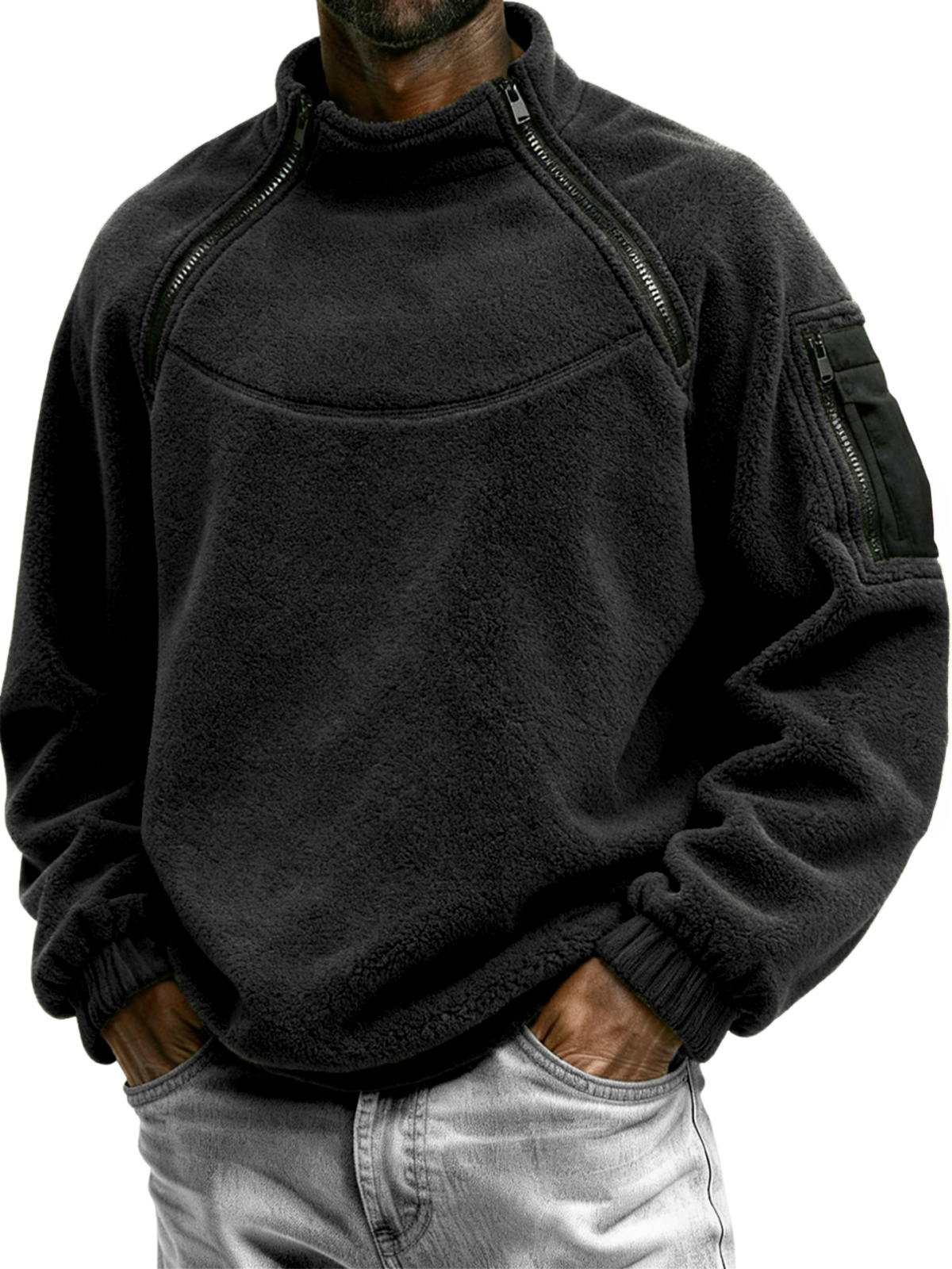 Men's Outdoor Multi-Zip Fleece Stand Collar Pullover Sweatshirt