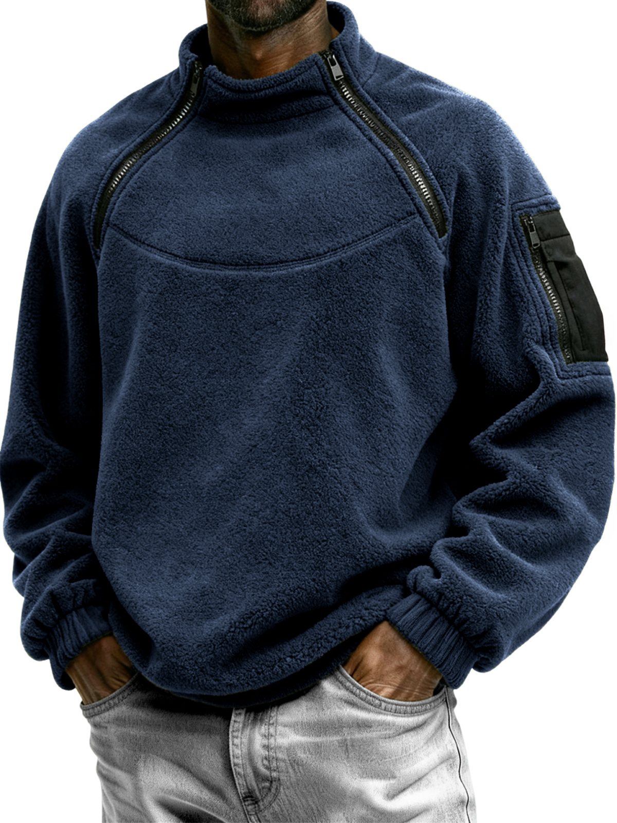 Men's Outdoor Multi-Zip Fleece Stand Collar Pullover Sweatshirt