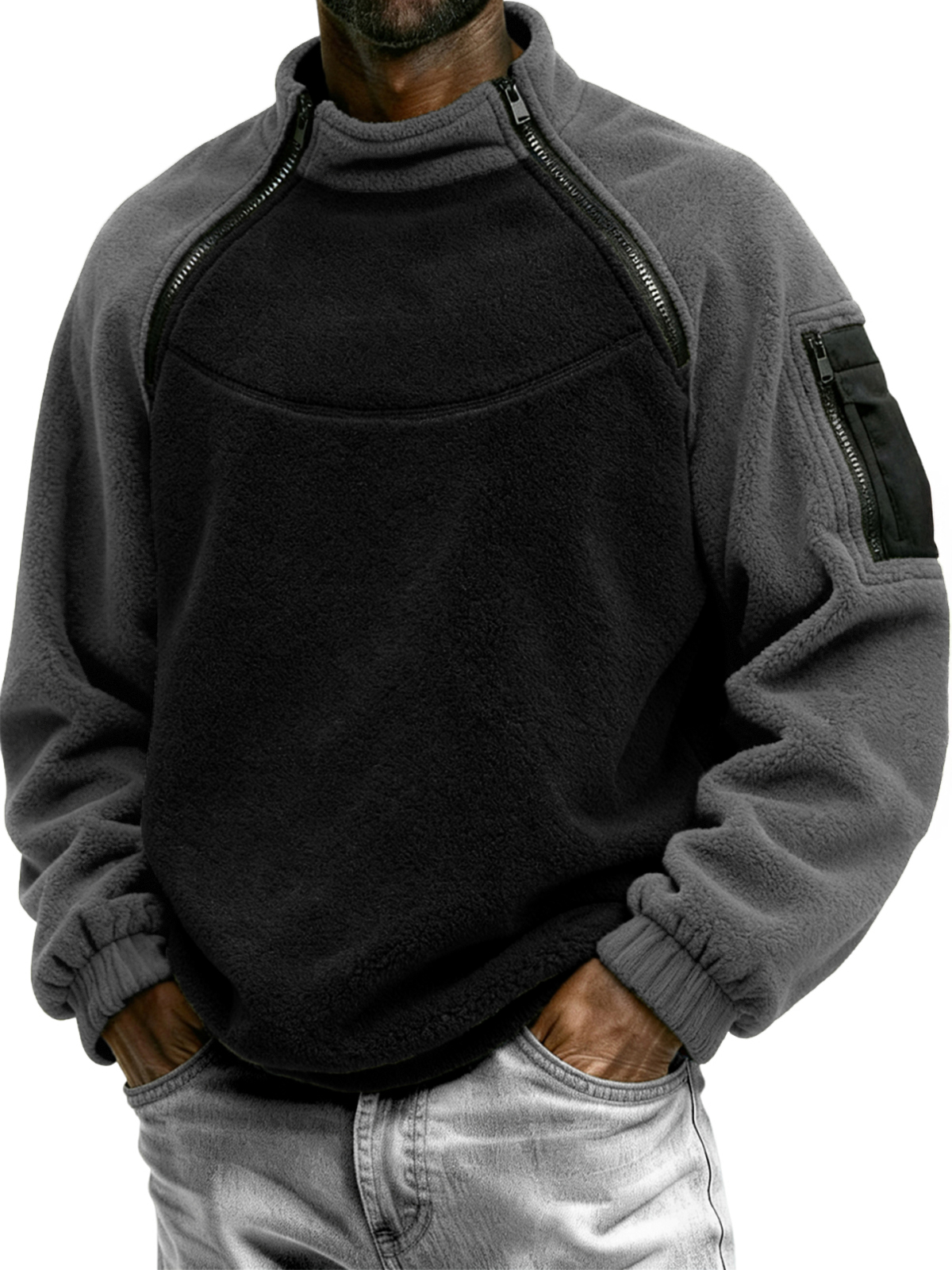 Men's Outdoor Multi-Zip Fleece Stand Collar Pullover Sweatshirt