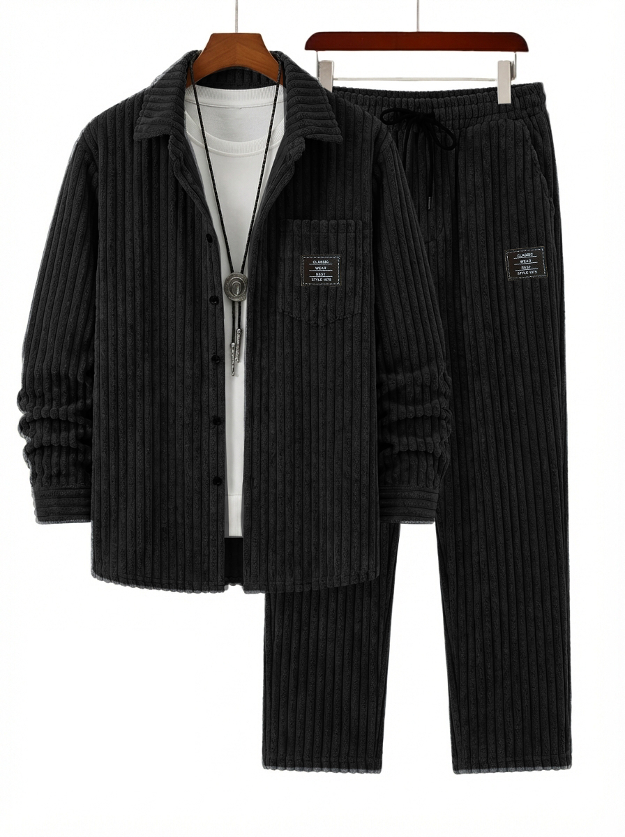 Men's Retro Corduroy Striped Shirt and Pants Set OOTD