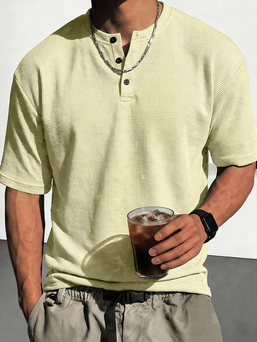 Men's Waffle-Knit Casual Short-Sleeve Henley Shirt