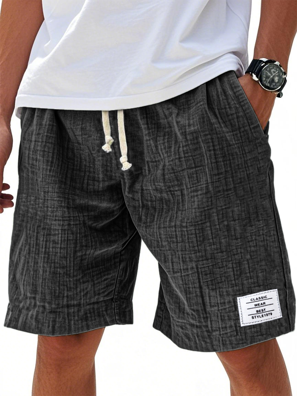 Men's Comfort Crepe Soft Simple Embroidered Label Casual Lace Up Everyday Shorts