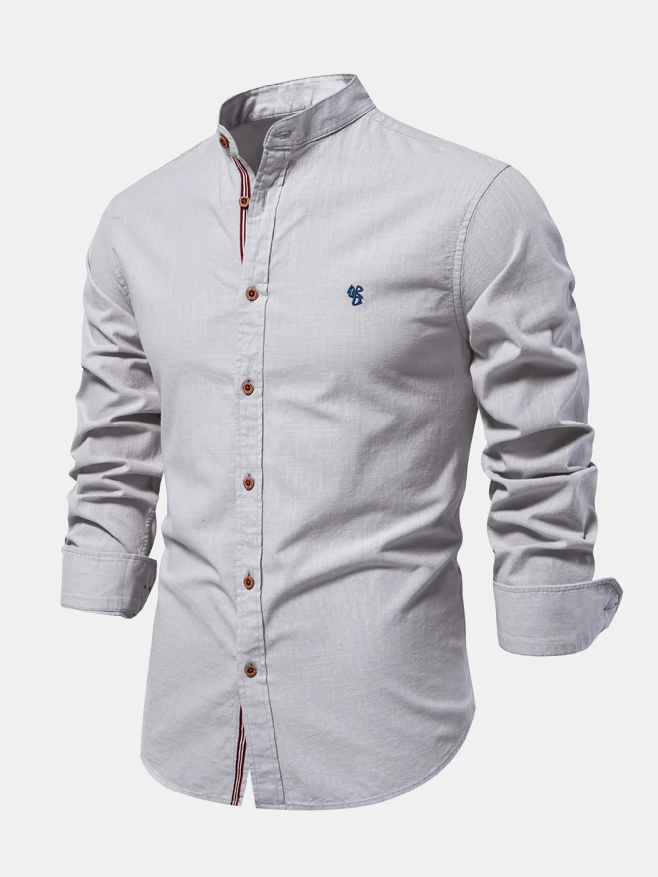Long Sleeve Linen Embroidered logo Look Stand Collar Shirt